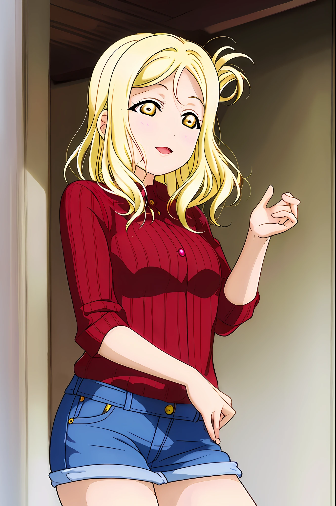 masterpiece, best quality, red long sleeved buttoned shirt, denim jeans, blonde hair, greenish yellow eyes, Ohara Mari from Love Live, flirting