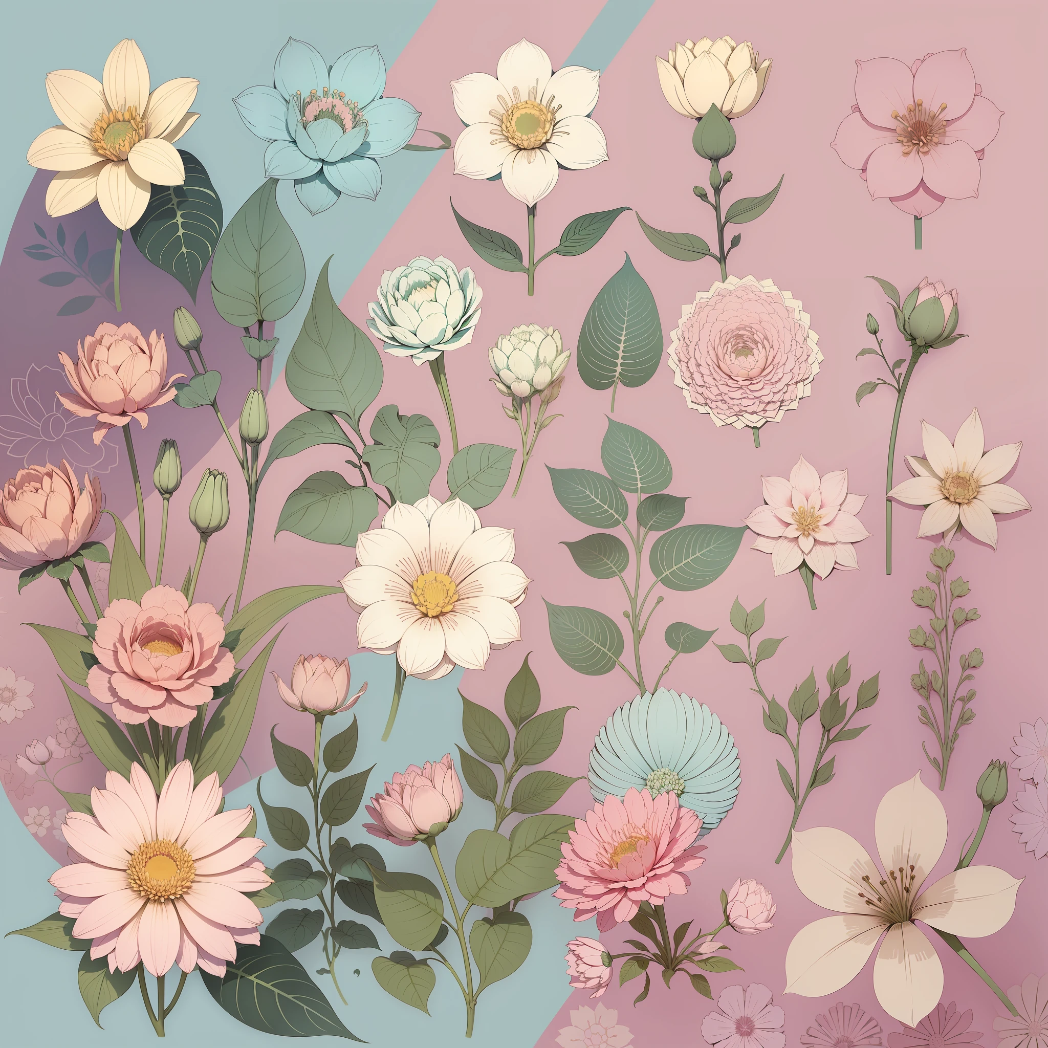 Set pattern of large flowers with plants, defined shape, flat style, vector style, drawing style, naïve style, wallpaper style, in soft pastel colors such as old pink, pastel blue, light blue, beige, pastel violet, pastel yellow and white. No shadows in the images.