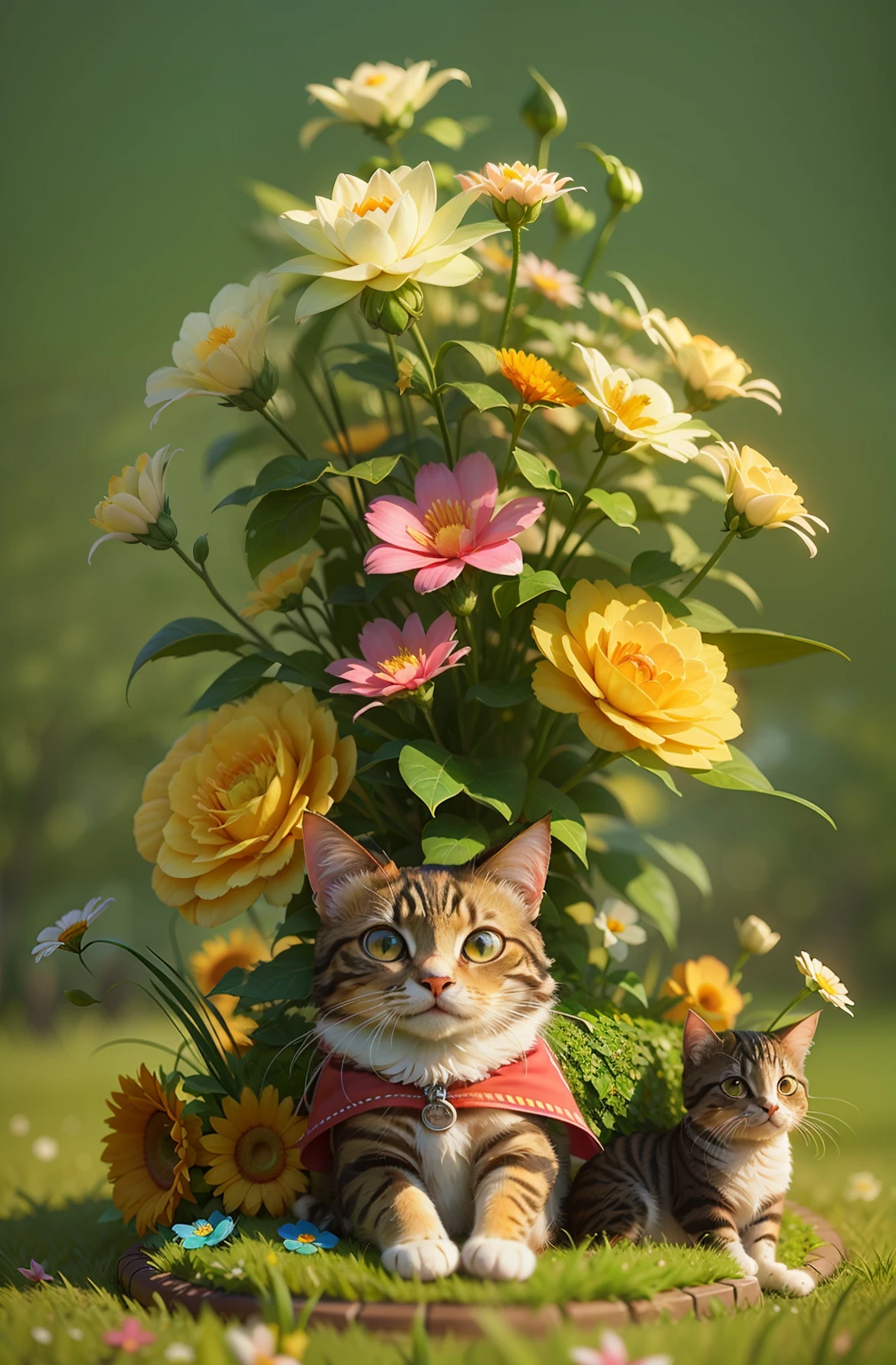 There is a cat sitting under a tree, there are flowers and cats, cute digital painting, cute 3d rendering, cute detailed digital art, CGsociety, stylized 3d rendering, 3d rendering stylized, Atey Ghailan 8 K, cute digital art, rendered by Yang J, super detailed, flower tower, stylized to 3d rendering, real, hd, detail, 🌺 hair