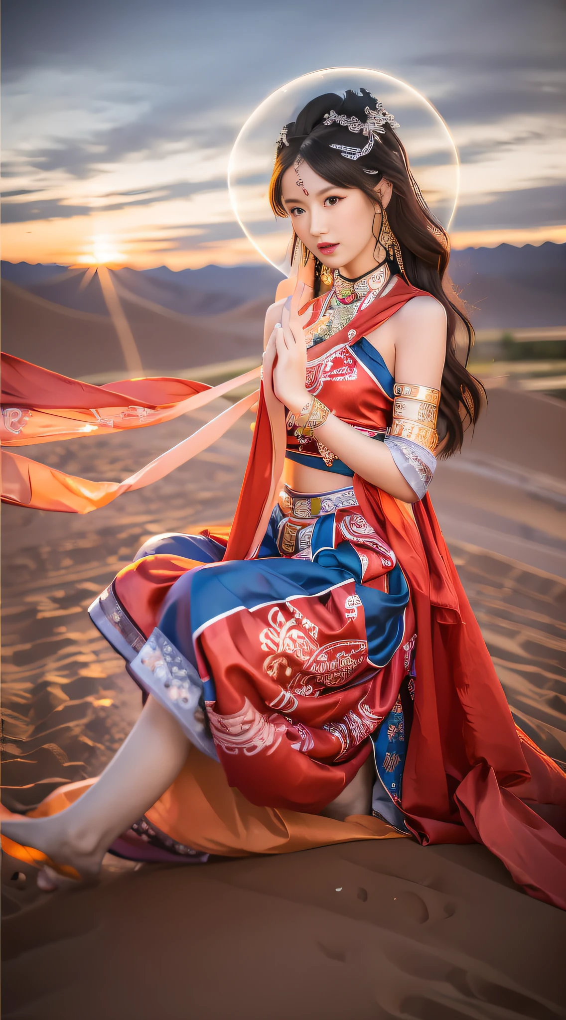 Masterpiece, (best quality: 1.3), super high resolution, original photos, detailed skins, beautiful lighting, (realistic, realistic: 1.4), 1girl, Dunhuang, Gobi Desert, sunset, hand details, full body, Dunhuang, flying sky
