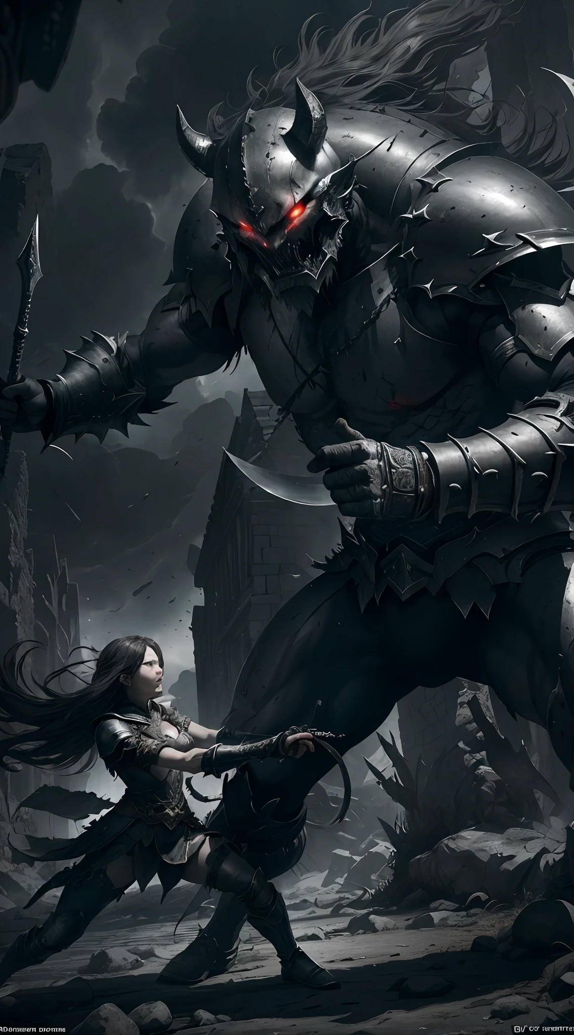 (best quality and high-resolution), a brave adventurer challenges the fierce demon lord in close combat, epic battle scene, dynamic pose, fascinating details of armor and weapons, dramatic shadow effect, dark and moody atmosphere.