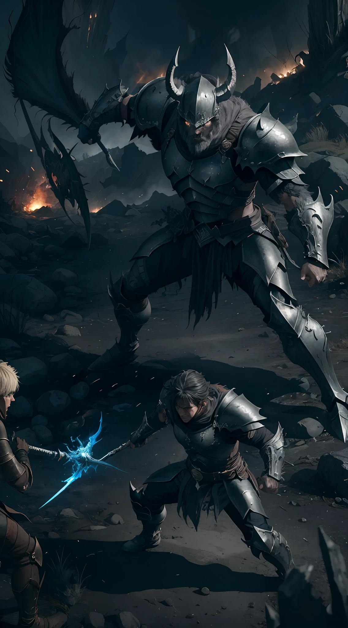 (best quality and high-resolution), a brave adventurer challenges the fierce demon lord in close combat, epic battle scene, dynamic pose, fascinating details of armor and weapons, dramatic shadow effect, dark and moody atmosphere.