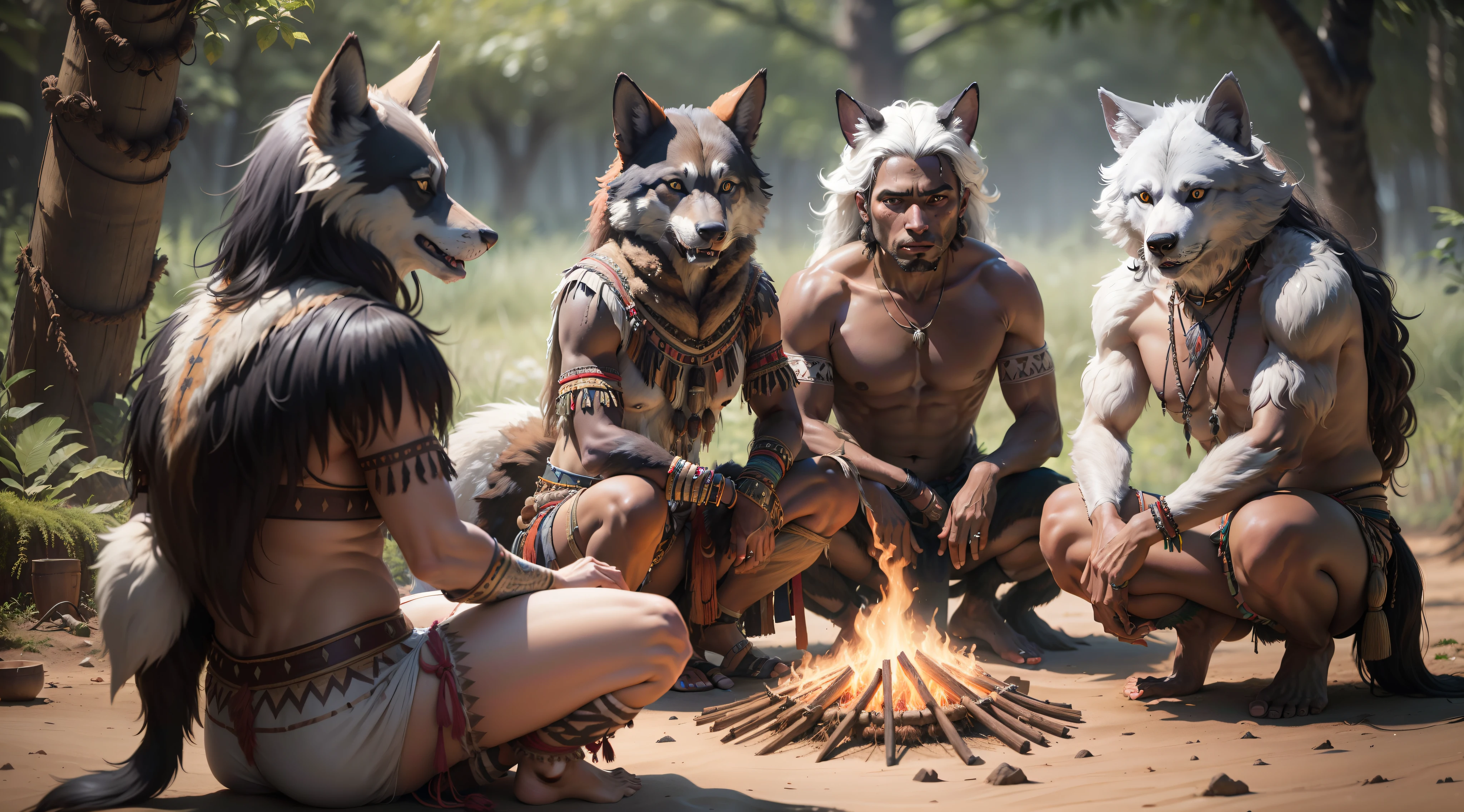 Guara wolf, wolf guará, loboguará, werewolf, Káiri. Káiri, tribes, campfire, dance, indios, indio cabeça de lobo, amazon forest, indios, werewolf with indigenous costumes, late eighteenth century, realism, photo realism, 8k, 80mm, f/1.8