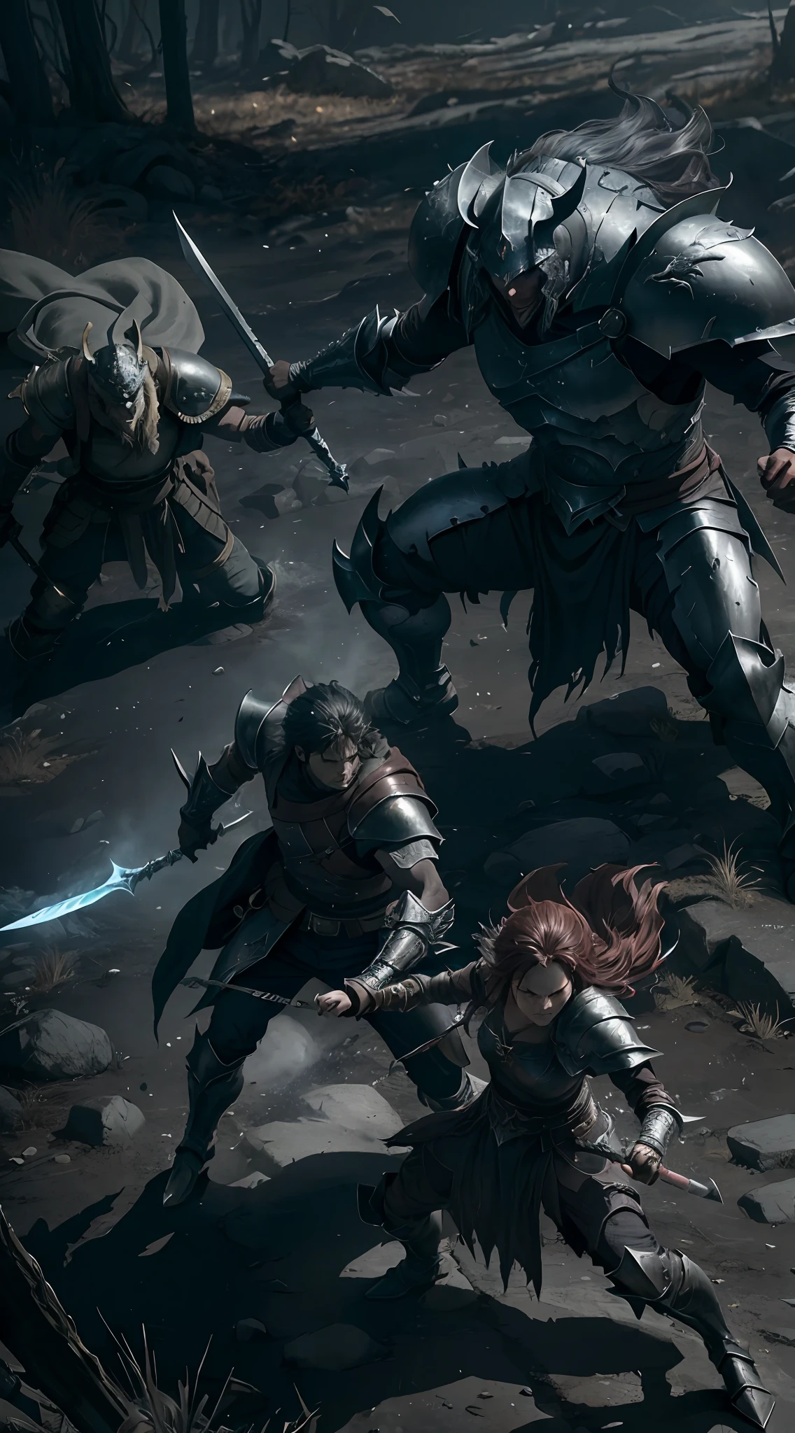 (best quality and high-resolution), a brave adventurer challenges the fierce demon lord in close combat, epic battle scene, dynamic pose, fascinating details of armor and weapons, dramatic shadow effect, dark and moody atmosphere.