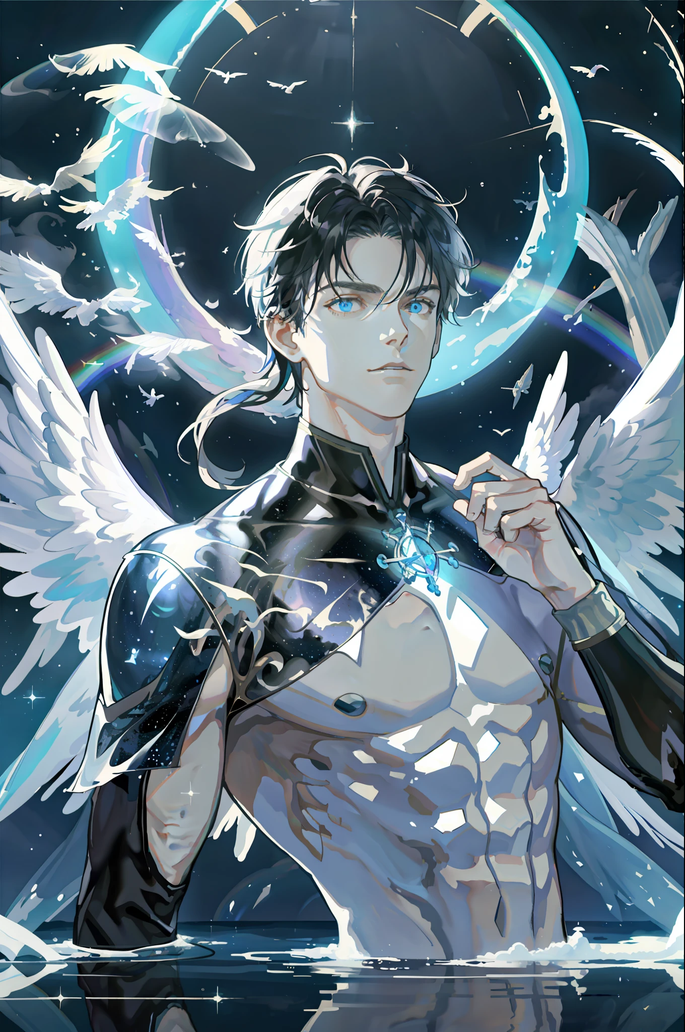masterpiece, best quality, 1 male, adult, mature, tall muscular guy, shirtless, angel wings, Dark theme, Magic circle, bubble, rainbow Sunlight, Underwater, Reflected mirror, floating piece of Glass, Rainbow light, Bubble Swirling, wind Swirling, Aurora, fantasy scenery, Starlight around the character, (upper body)