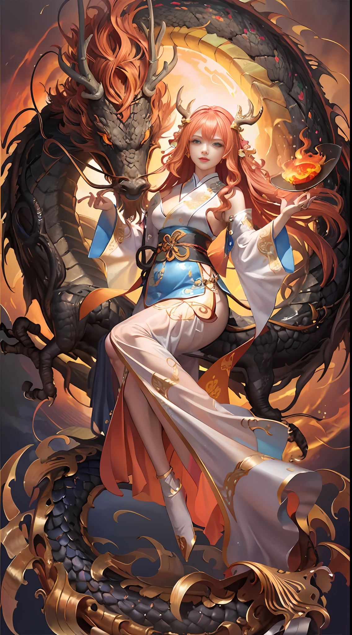 (Realistic, 1.3), extremely delicate and beautiful, stunning, fine detail, (best illustration), (best shadow), intricate, (with a red Chinese dragon behind it (dragon: 1.4), surrounded by flames, black mountains, trees, magma, wind, long wavy body, fangs, fantasy, mythology, high quality, highly detailed, epic, particle effects, dynamic effects, surround), clouds, sunset, clear focus, volumetric fog, 8k ultra hd, DSLR camera, official art, unified 8K wallpaper , super detailed, beautiful beauty, best quality, (tangled, entangled), (fractal art: 1.4), 1 girl, Chinese, gorgeous hanfu, calf, very detailed, dynamic angle, denim shot, (most beautiful chaotic shape), flow, (bright colors), OC, (half: 1.2), china, (tape: 1.3), (dream: 1.5), (hanfu: 1.5), (smile: 0.5), (chinese god 1.3), complex, hyperdetailed, (skin dents), female, Detailed body, (detailed face: 1.1), (contoured iris), (watercolor lenses), (perfect eyes), gorgeous, (masterpiece: 1.2), (best quality: 1.2), wide buttocks, thick thighs, (big breasts: 1.2) and (big breasts: 1.2), detailed background, cinematic light, best shadow, cute detail face, dramatic light, intricate details, flowing long hair, ethereal light, wide angle, solo, full body, colorful, flame, charming, charming, milf, thin waist, gorgeous goddess, Buddha-figures, absurd long hair, pale gold eyes, looking at the audience, delicate patterns, precious stones, gold, diamonds, fine feathers, volumetric light, holiness, backlight, opposite, girl with antler decoration on her head, girl with orange hair