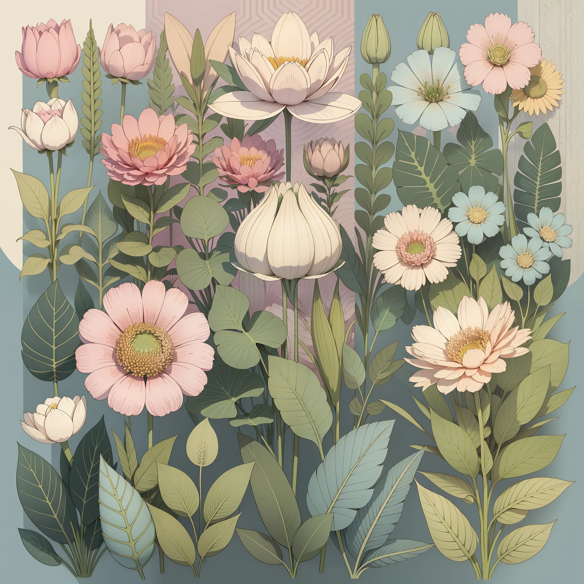 Set pattern of large flowers with plants, defined shape, flat style, vector style, drawing style, naïve style, wallpaper style, in soft pastel colors such as old pink, pastel blue, light blue, beige, pastel violet, pastel yellow and white. No shadows in the images.