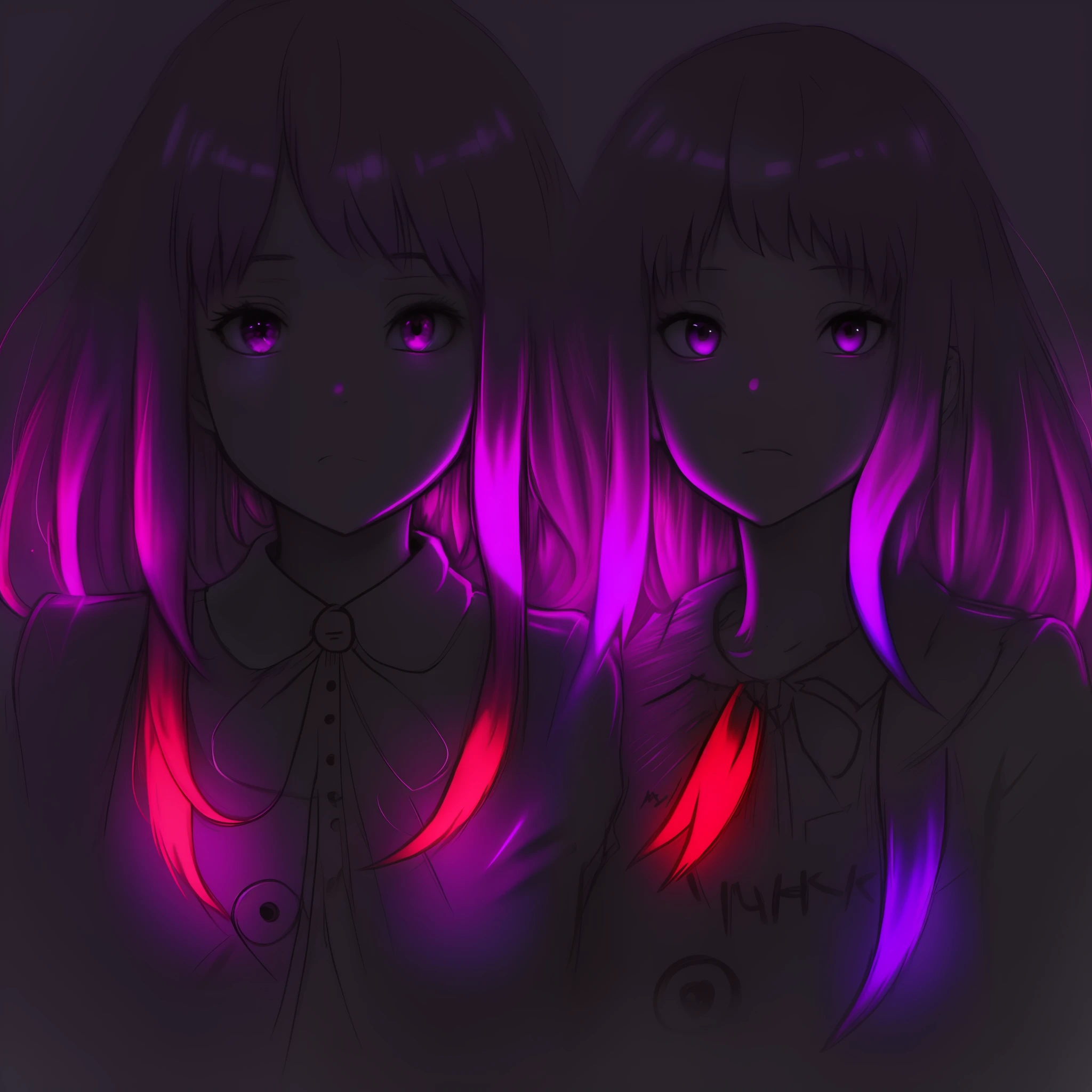 girl anime hair curled flouresente shiny, color purple neon orange neon