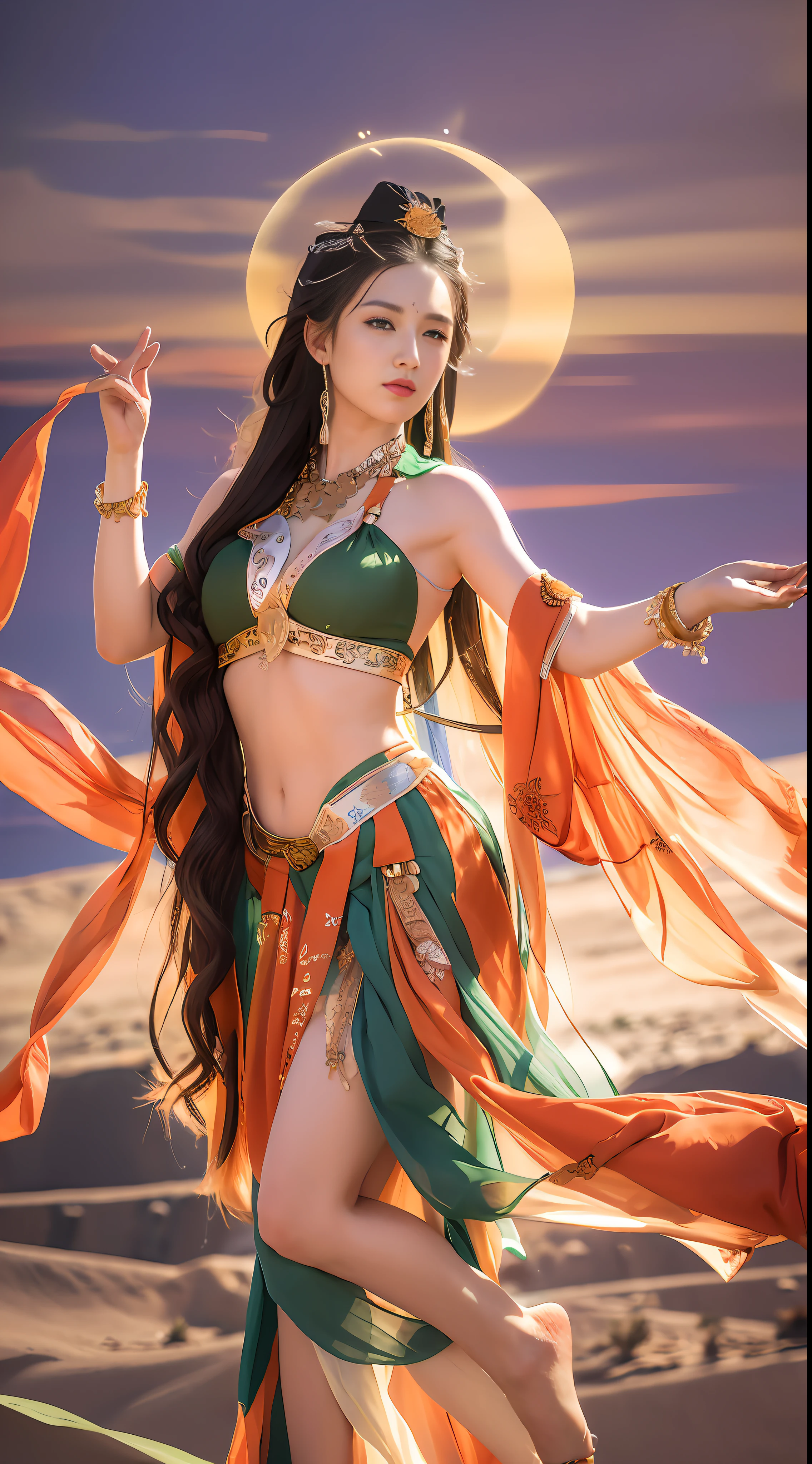 Masterpiece, (best quality: 1.3), super high resolution, original photos, detailed skins, beautiful lighting, (realistic, realistic: 1.4), 1girl, Dunhuang, Gobi Desert, sunset, hand details, full body, Dunhuang, flying sky