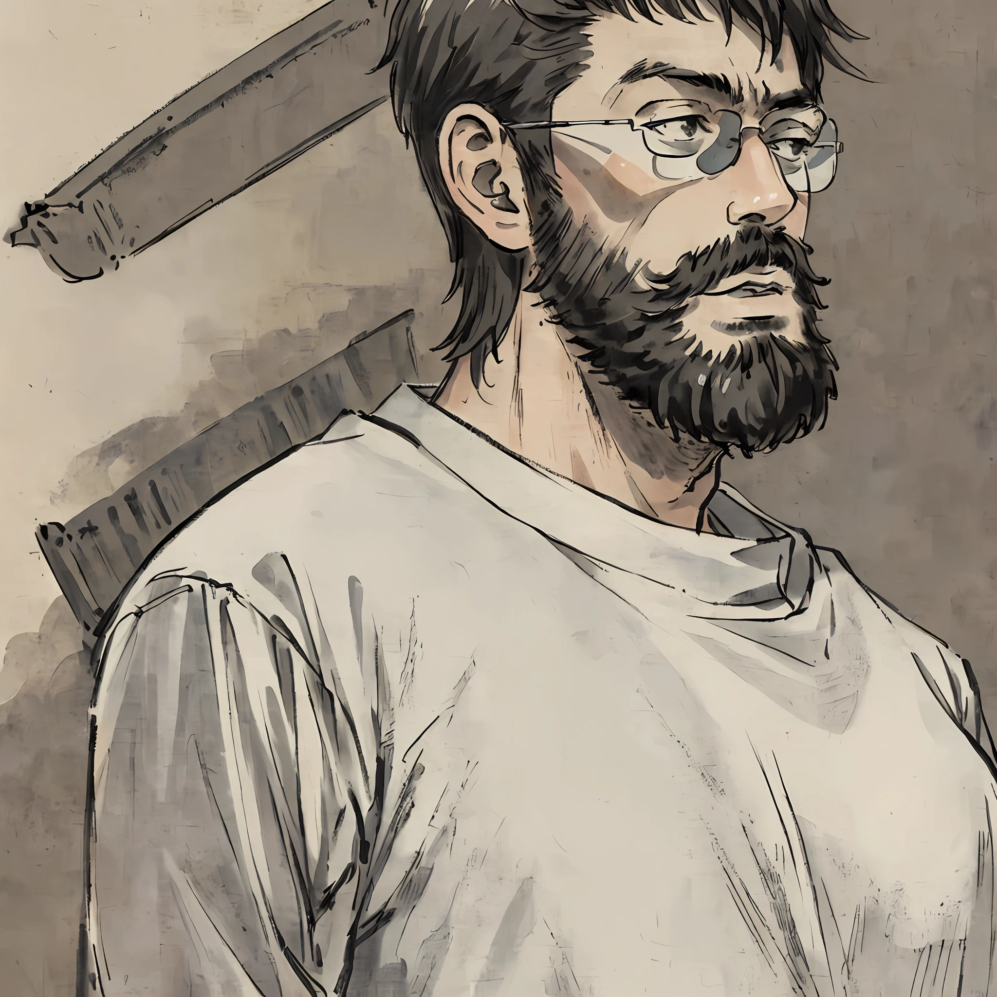 ((masterpiece)),((best quality)),((high detail)),((realistic,)) 1man, short hair, sunglasses, gray shirt, Japanese background, very short hair, portrait, very short beard