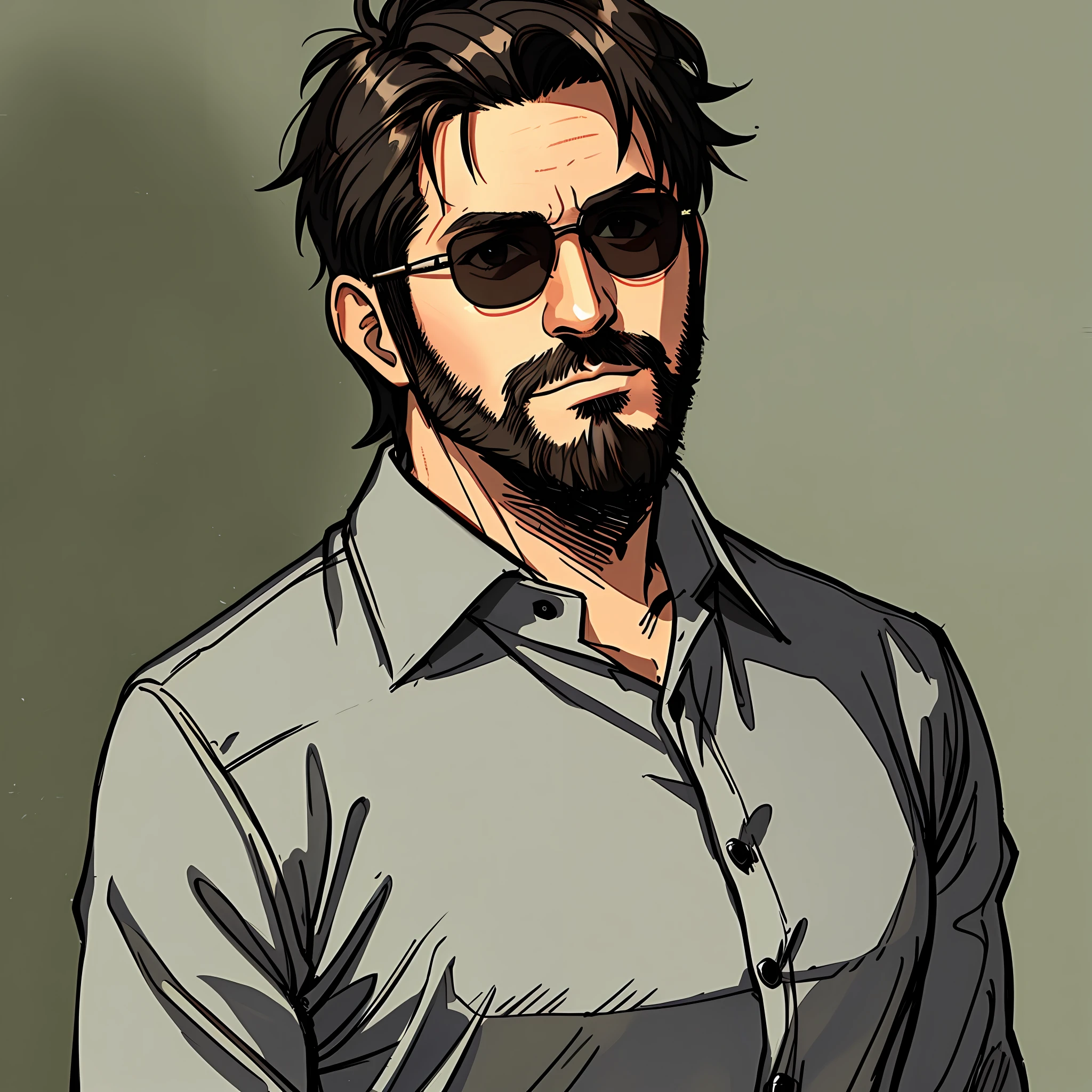 ((masterpiece)),((best quality)),((high detail)),((realistic,)) 1man, short hair, sunglasses, gray shirt, Japanese background, very short hair, portrait, very short beard
