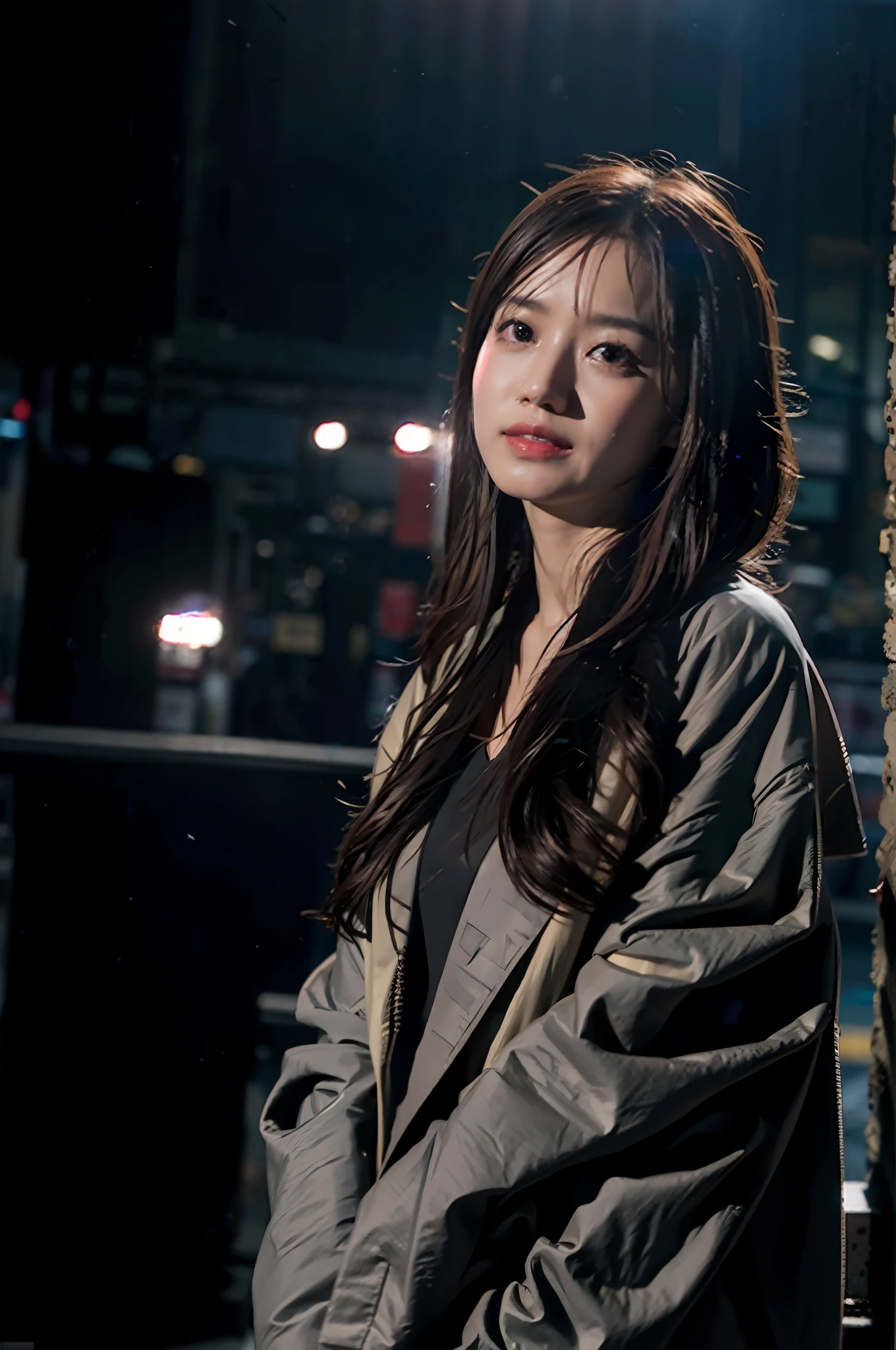 mix4,(8k, RAW Photography, Best Quality, Masterpiece:1.2), (Realistic, Photorealistic:1.37),Cute,Cityscape, Night, Rain, Wet, Professional Lighting, Photon Mapping, Physically Based Rendering,