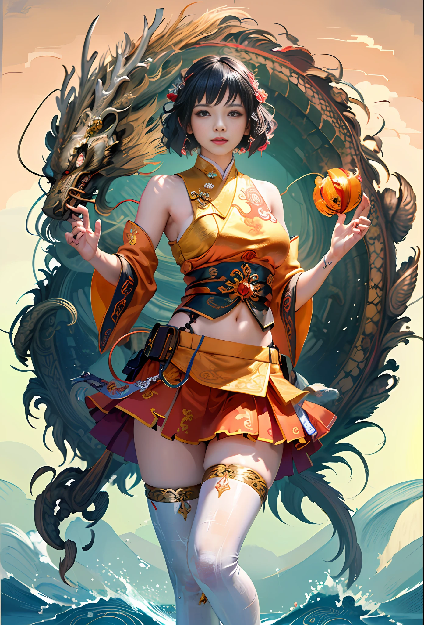 Official Art, Unified 8K Wallpapers, Ultra Detailed, Beautiful and Aesthetic, Masterpiece, Best Quality, (Zentangle, Tangle, Entangle), (fractal art: 1.4), 1girl, black hair, Chinese, bare shoulders, short skirt, calf, navel, very detailed, dynamic angle, cowboyshot, (most beautiful form chaos), flowing, (bright colors), oc, (half: 1.2), china, (thangka flying sky: 1.5), (ribbon: 1.3), (dream: 1.5), (hanfu: 1.5), Chinese dragon, Chinese phoenix, (smile: 0.5), (Chinese deity),