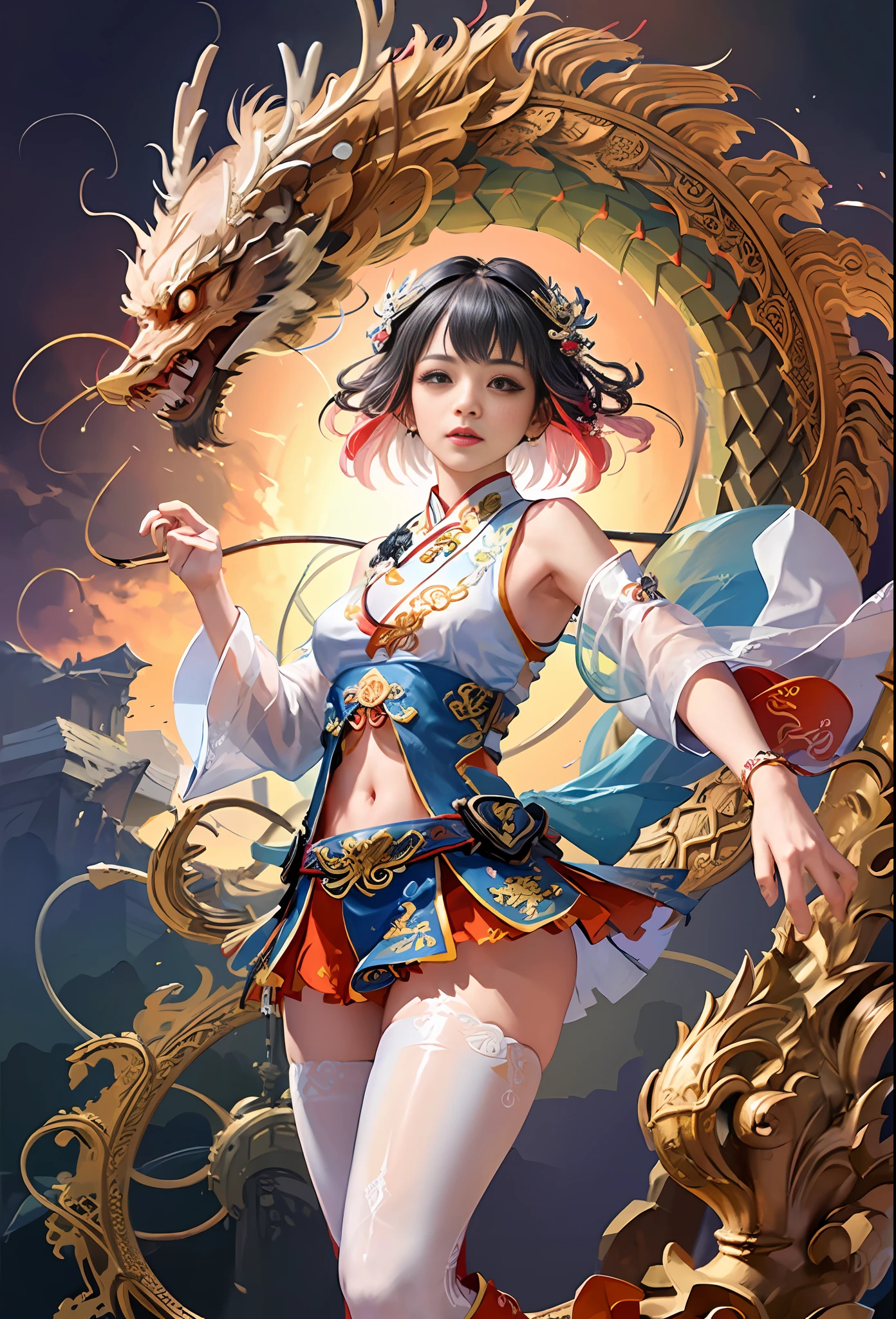 Official Art, Unified 8K Wallpapers, Ultra Detailed, Beautiful and Aesthetic, Masterpiece, Best Quality, (Zentangle, Tangle, Entangle), (fractal art: 1.4), 1girl, black hair, Chinese, bare shoulders, short skirt, calf, navel, very detailed, dynamic angle, cowboyshot, (most beautiful form chaos), flowing, (bright colors), oc, (half: 1.2), china, (thangka flying sky: 1.5), (ribbon: 1.3), (dream: 1.5), (hanfu: 1.5), Chinese dragon, Chinese phoenix, (smile: 0.5), (Chinese deity),