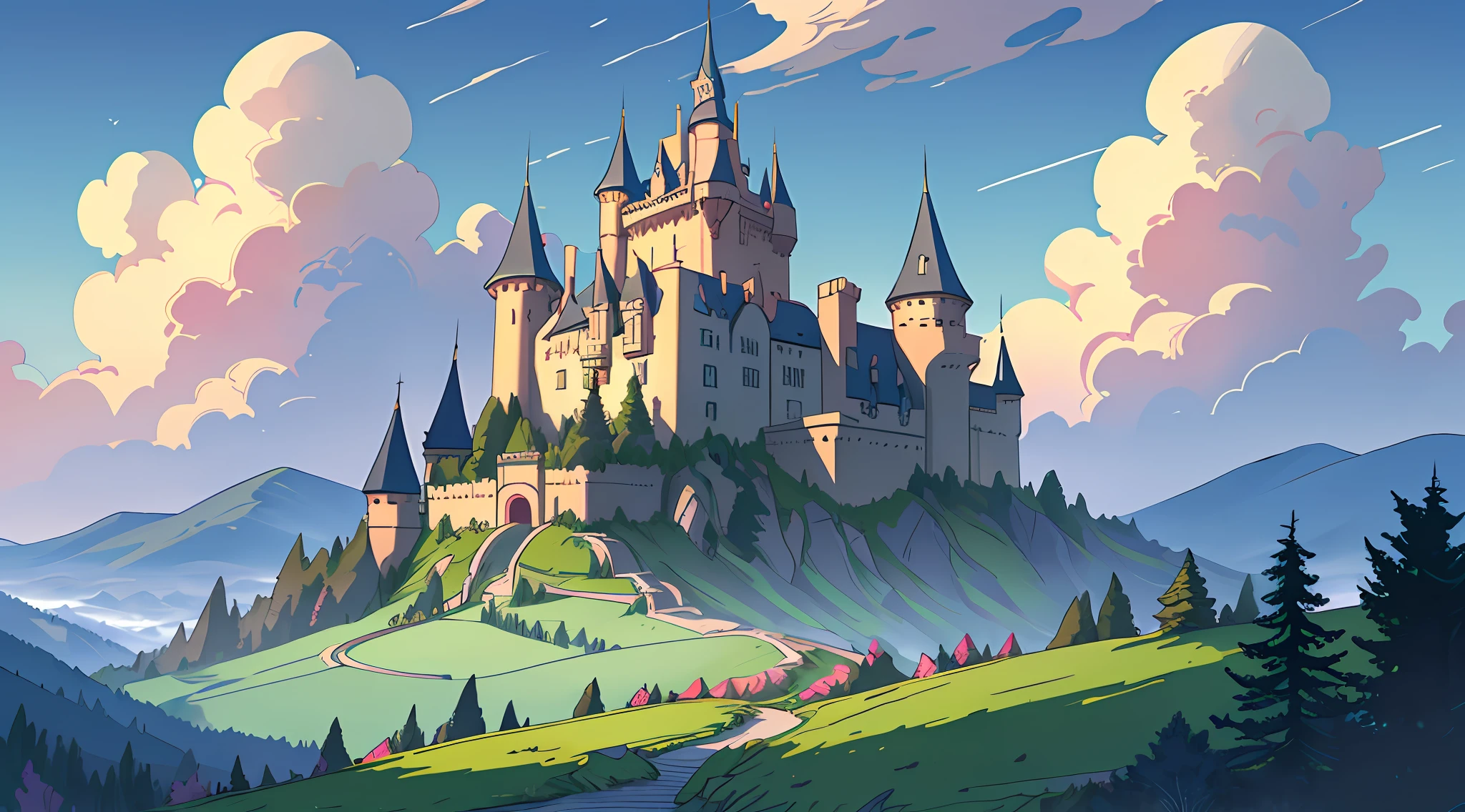 (Ultra detailed), (masterpiece), (best quality), (very detailed CG unit 8k wallpaper), (((extremely wide shot)))), fantasy, castle on the right, hills on the left, giant castle, high, several towers, lush, magnificent, Ghibli studios, cover for Youtube, vibrant colors, pastel, deformed clouds, rear view, a hill, soft light, conceptual art, dramatic, cinematic, highly detailed, stylized wallpaper, (((view from bottom to top)) --v6