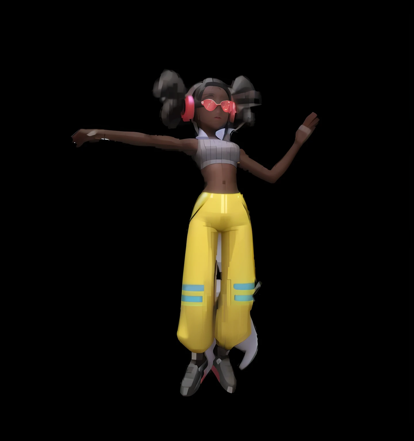 A closeup of a person in a yellow outfit jumping in the air, 2D render 8K character art, 2D character render, epic 2D OSHUN, Cyberpunk Bee, futuristic afro, 2D character, 2D character, african female android, jump pose, rendered in SFM, render of a cute 2D anime girl, Robotic Anime mixed with organic