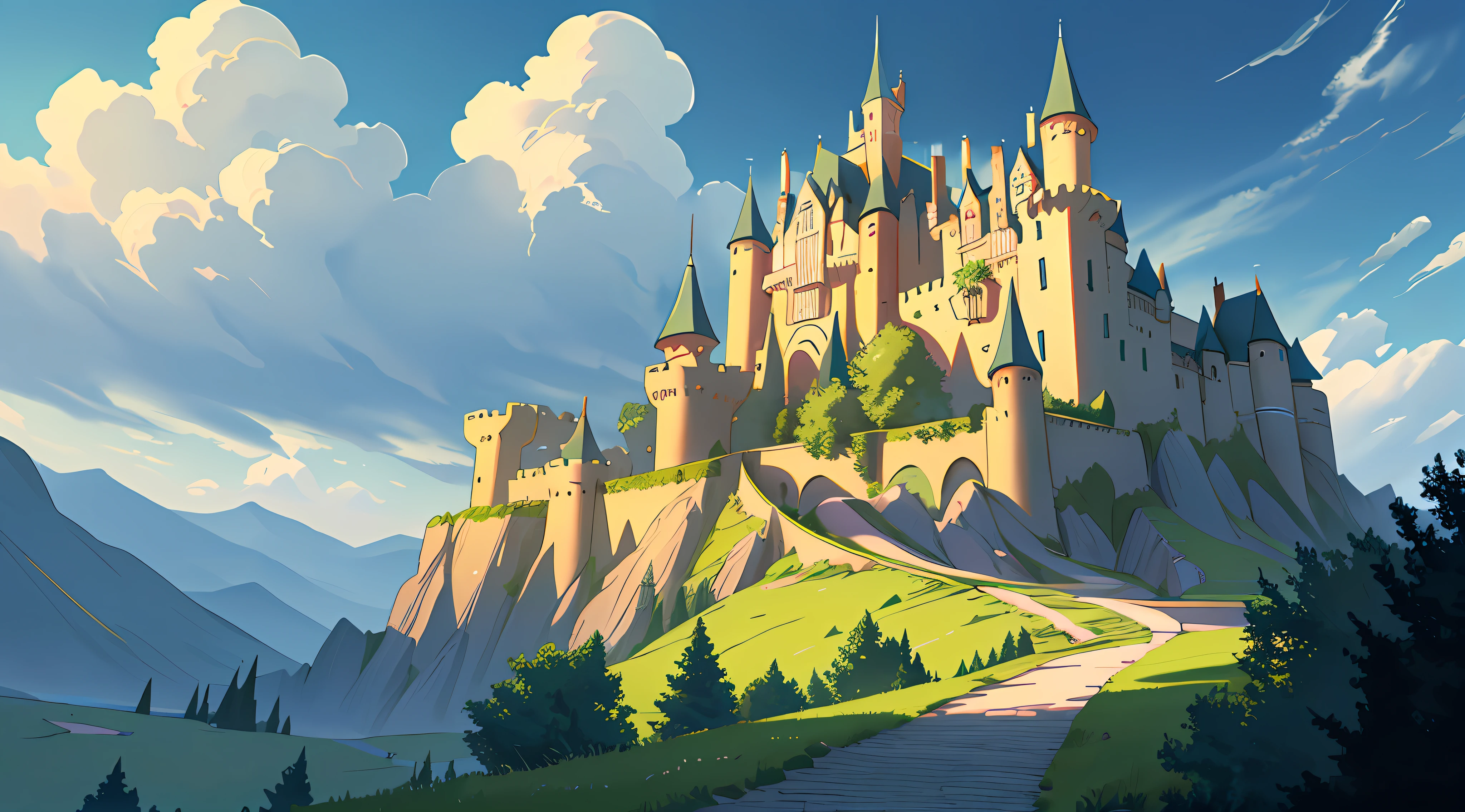 (Ultra detailed), (masterpiece), (best quality), (very detailed CG unit 8k wallpaper), (((extremely wide shot)))), fantasy, castle on the right, hills on the left, giant castle, high, several towers, lush, magnificent, Ghibli studios, cover for Youtube, vibrant colors, pastel, deformed clouds, rear view, a hill, soft light, conceptual art, dramatic, cinematic, highly detailed, stylized wallpaper, (((view from bottom to top)) --v6