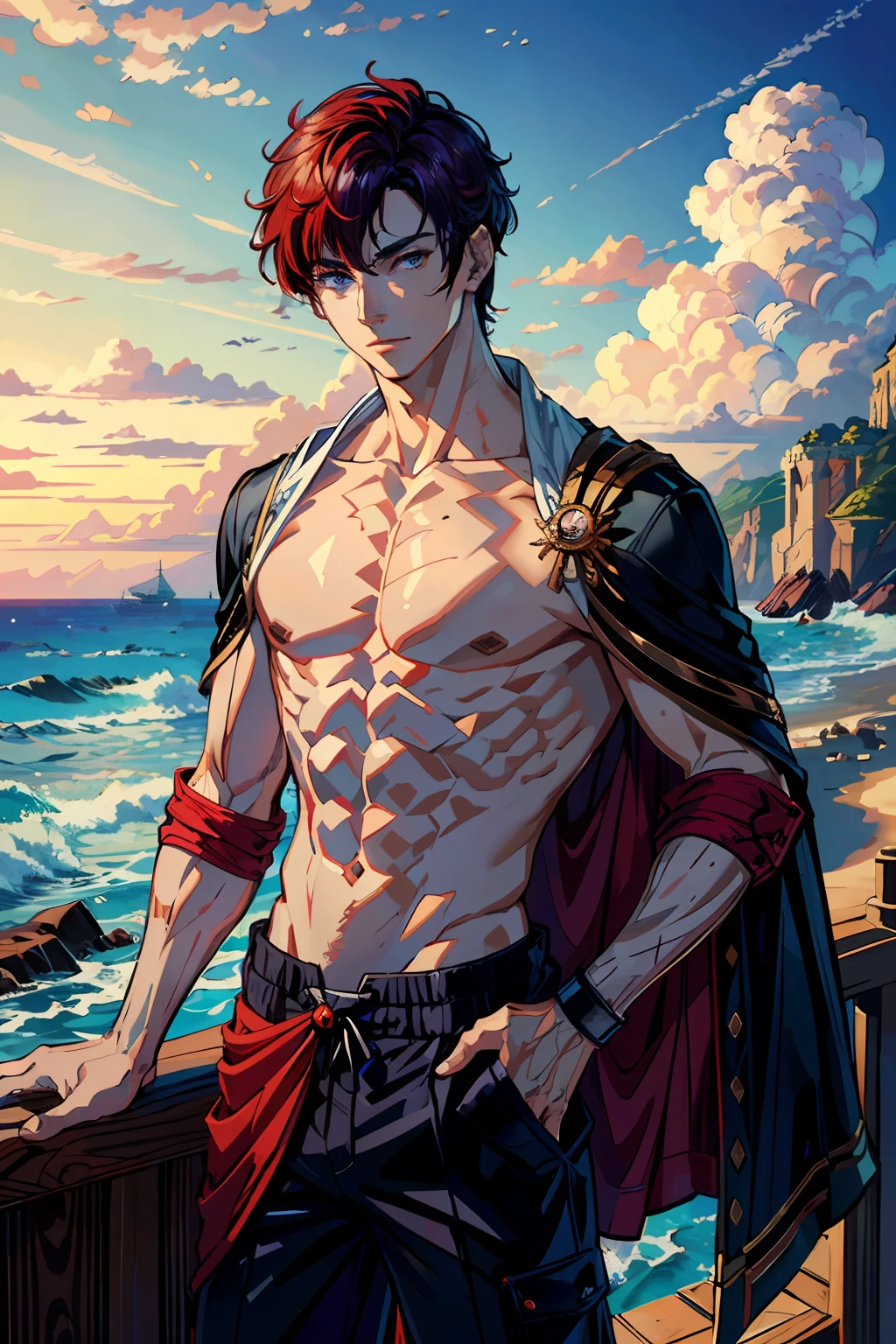 half body shot, (absurdres, highres, ultra detailed, best quality, masterpiece:1.5),
1boy, male focus, handsome, detailed face, sixpacks abs, attractive, topless male,
red&purple_hair, blue_eyes, shorts, prince, crown, pin, sunrise lighting,
ocean background, ship, blue sky, clouds, sparkling horizon, glittering debris,
add_detail , detailed eyes, handsome male,