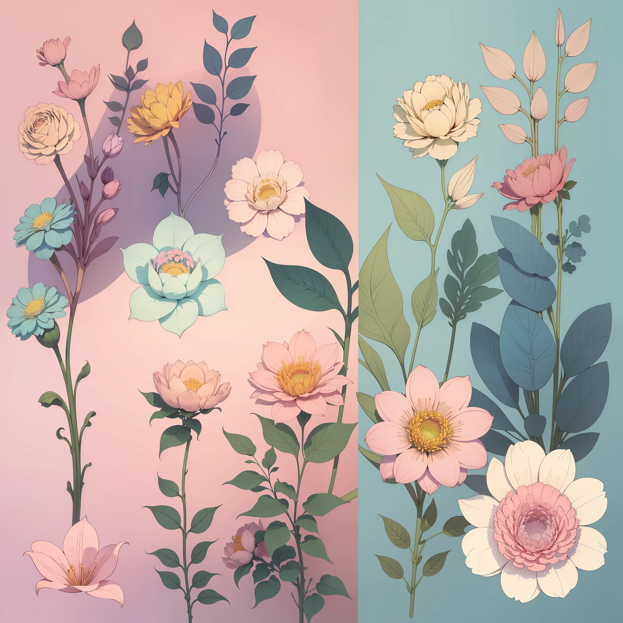 Set pattern of large flowers with plants, defined shape, flat style, vector style, drawing style, naïve style, wallpaper style, in soft pastel colors such as old pink, pastel blue, light blue, beige, pastel violet, pastel yellow and white. No shadows in the images.
