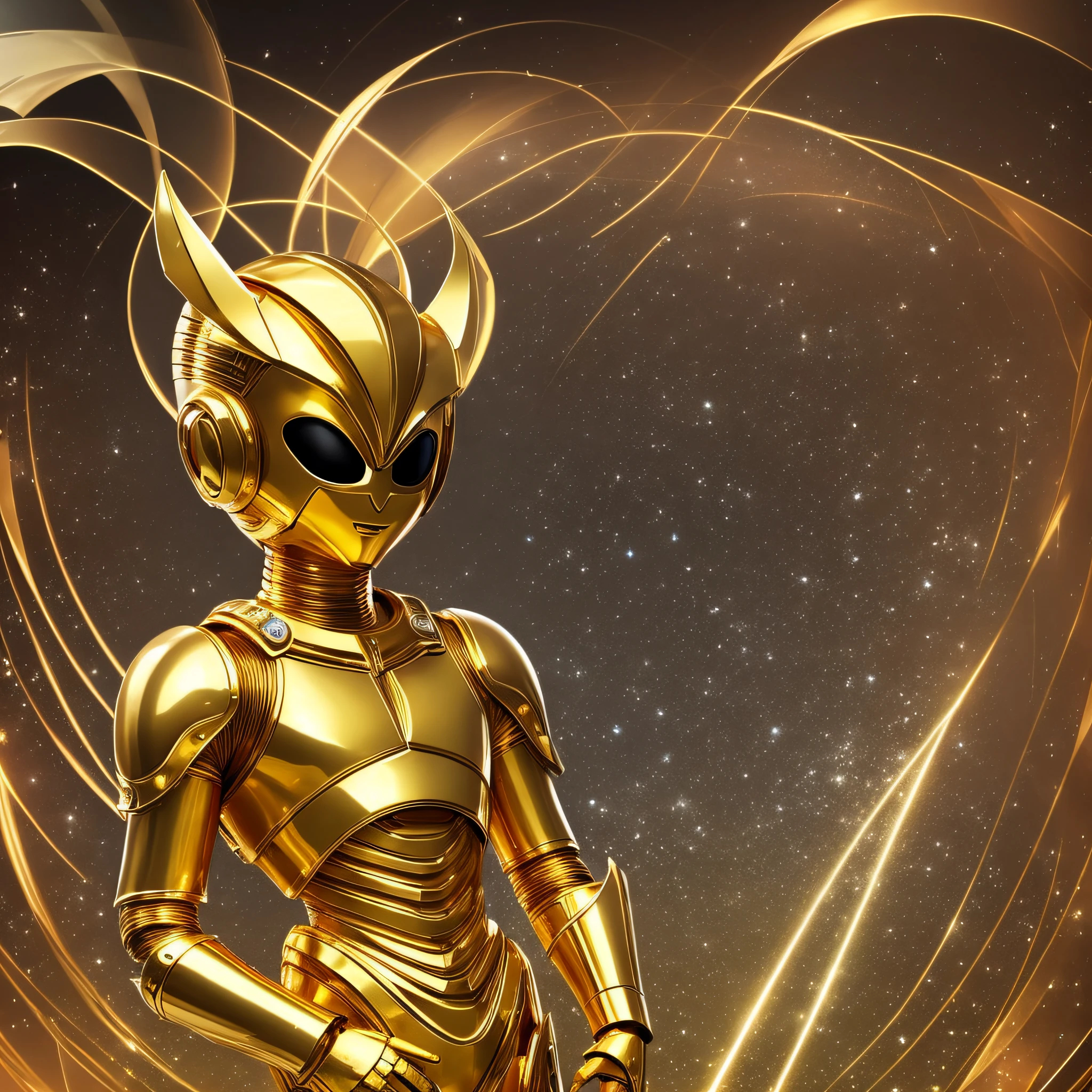 cartoon of alien with a gold head and a white pants with arms outsretched, gold ears on head, gold body, a boy made out of gold, elegant gold body, wearing golden armor, shiny golden, shiny gold, body golden armor, kewpie, chibi, gold skin, elegant gold skin, gold clothes, the golden humanoid robot, gilded gold halo behind head --auto --s2