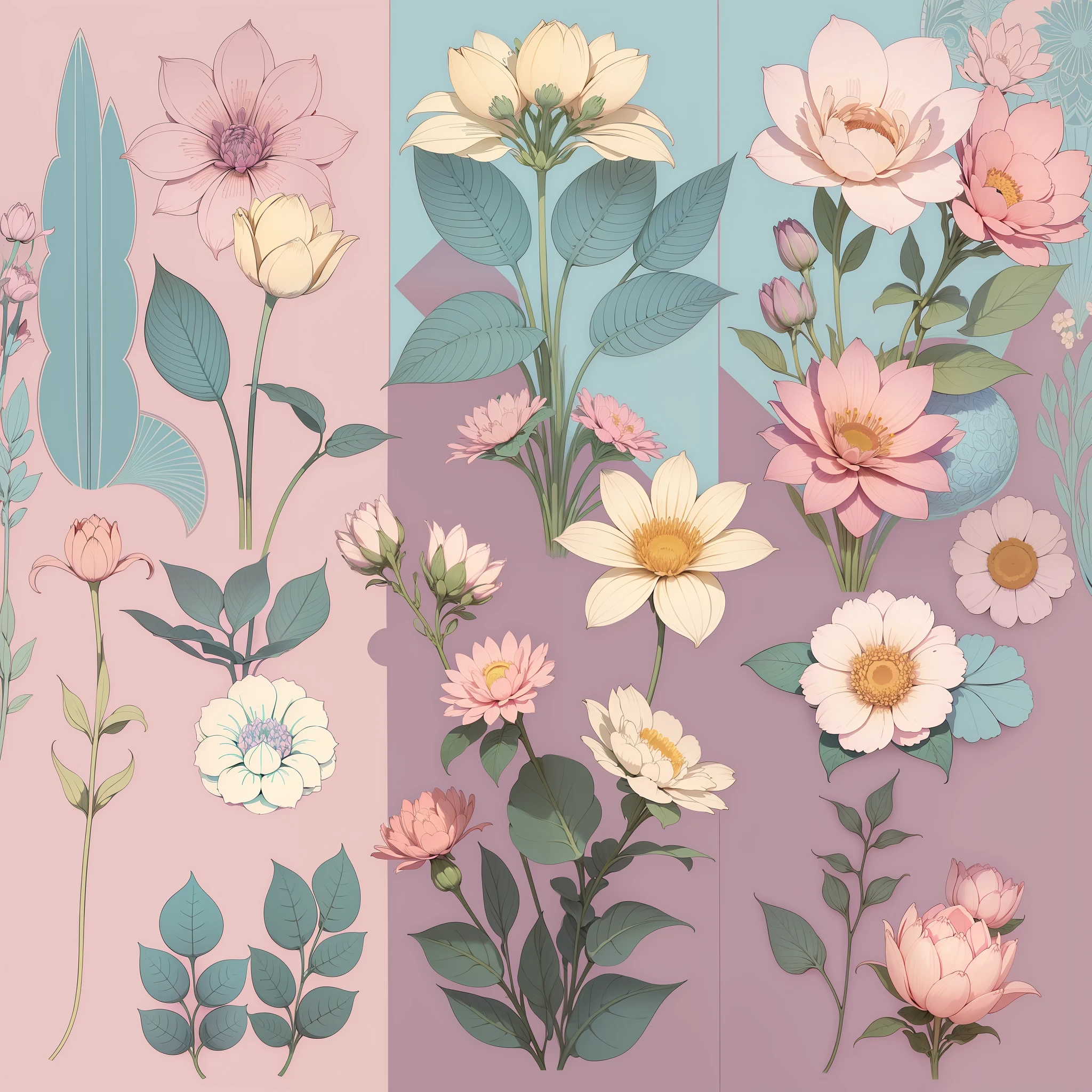 Set pattern of large flowers with plants, defined shape, flat style, vector style, drawing style, naïve style, wallpaper style, in soft pastel colors such as old pink, pastel blue, light blue, beige, pastel violet, pastel yellow and white. No shadows in the images.