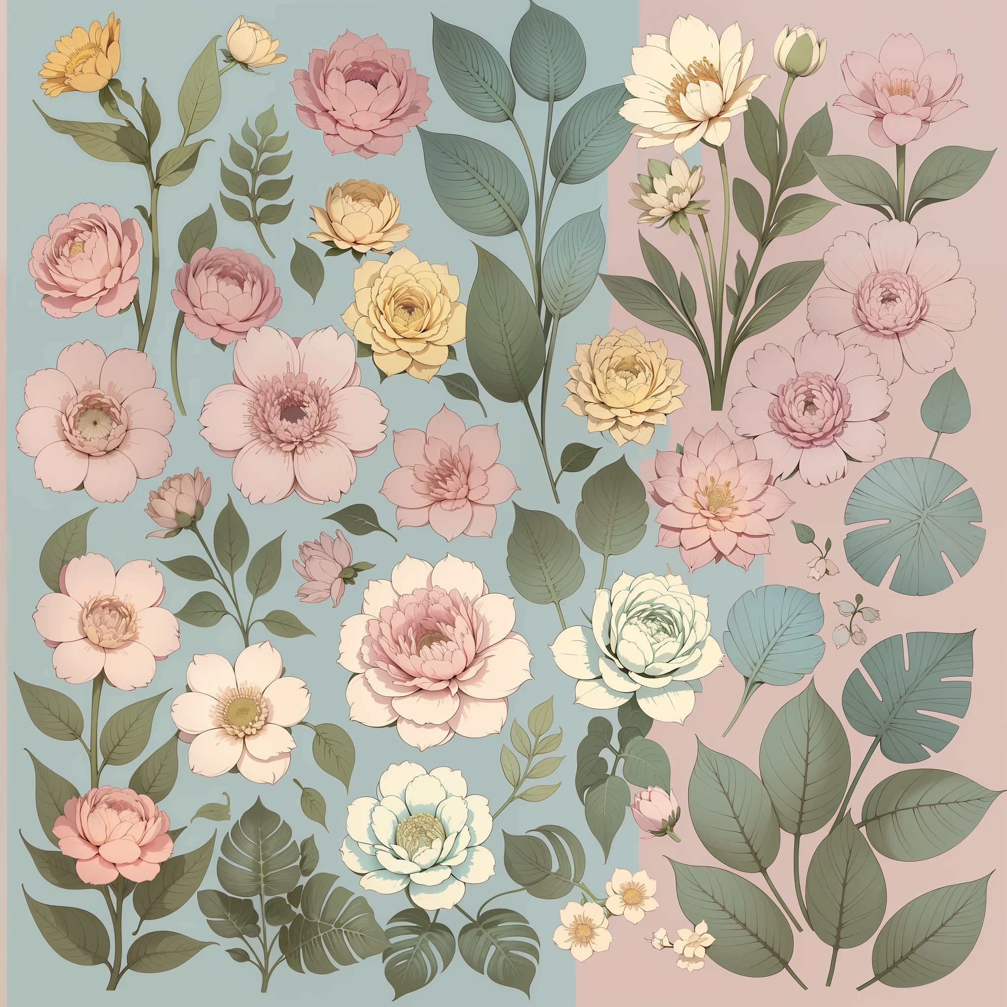 Set pattern of large flowers with plants, defined shape, flat style, vector style, drawing style, naïve style, wallpaper style, in soft pastel colors such as old pink, pastel blue, light blue, beige, pastel violet, pastel yellow and white. No shadows in the images.
