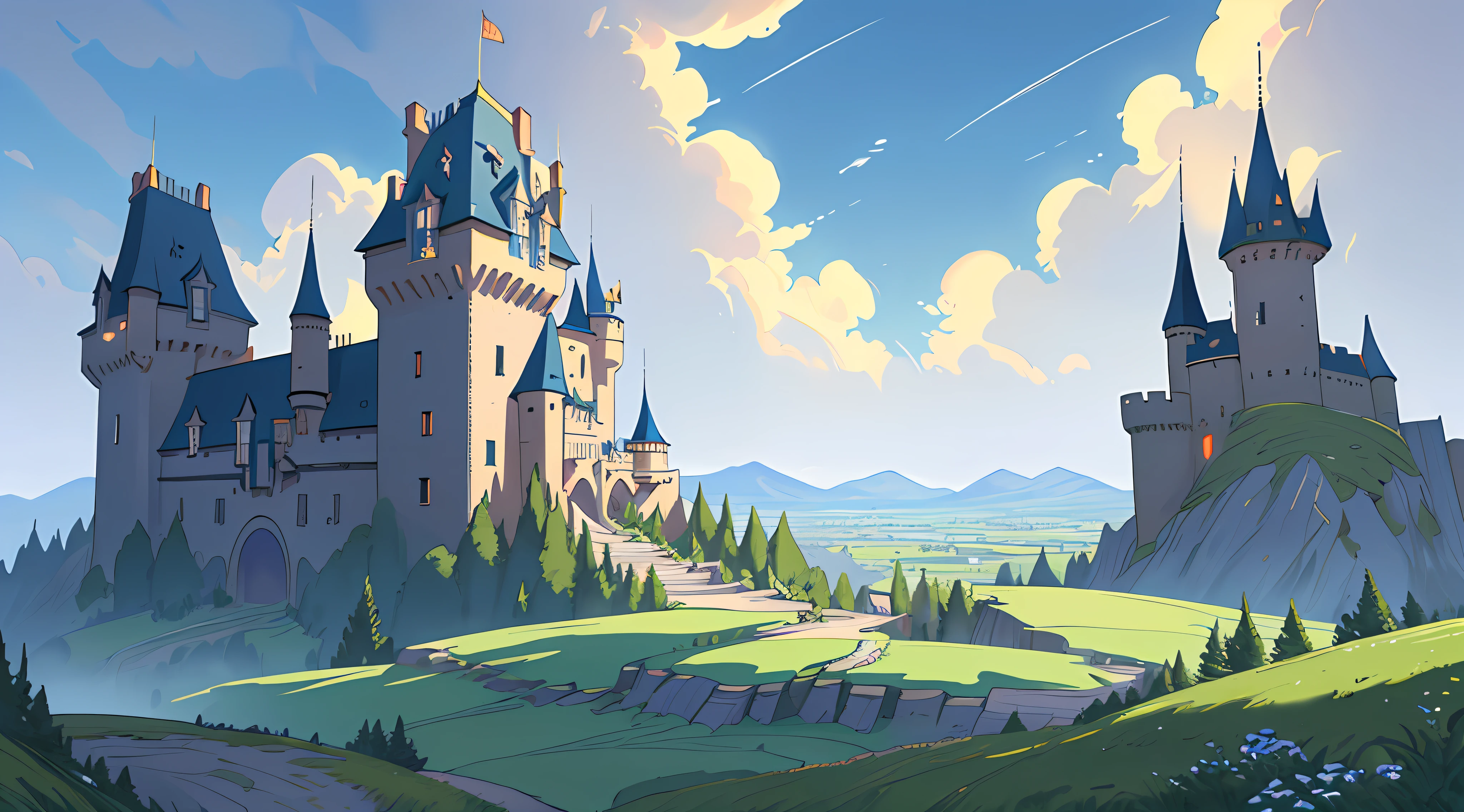 (Ultra detailed), (masterpiece), (best quality), (very detailed CG unit 8k wallpaper), (((extremely wide shot)))), fantasy, castle on the right, hills on the left, giant castle, high, several towers, lush, magnificent, Ghibli studios, cover for Youtube, vibrant colors, pastel, deformed clouds, rear view, a hill, soft light, conceptual art, dramatic, cinematic, highly detailed, stylized wallpaper, (((view from bottom to top)) --v6