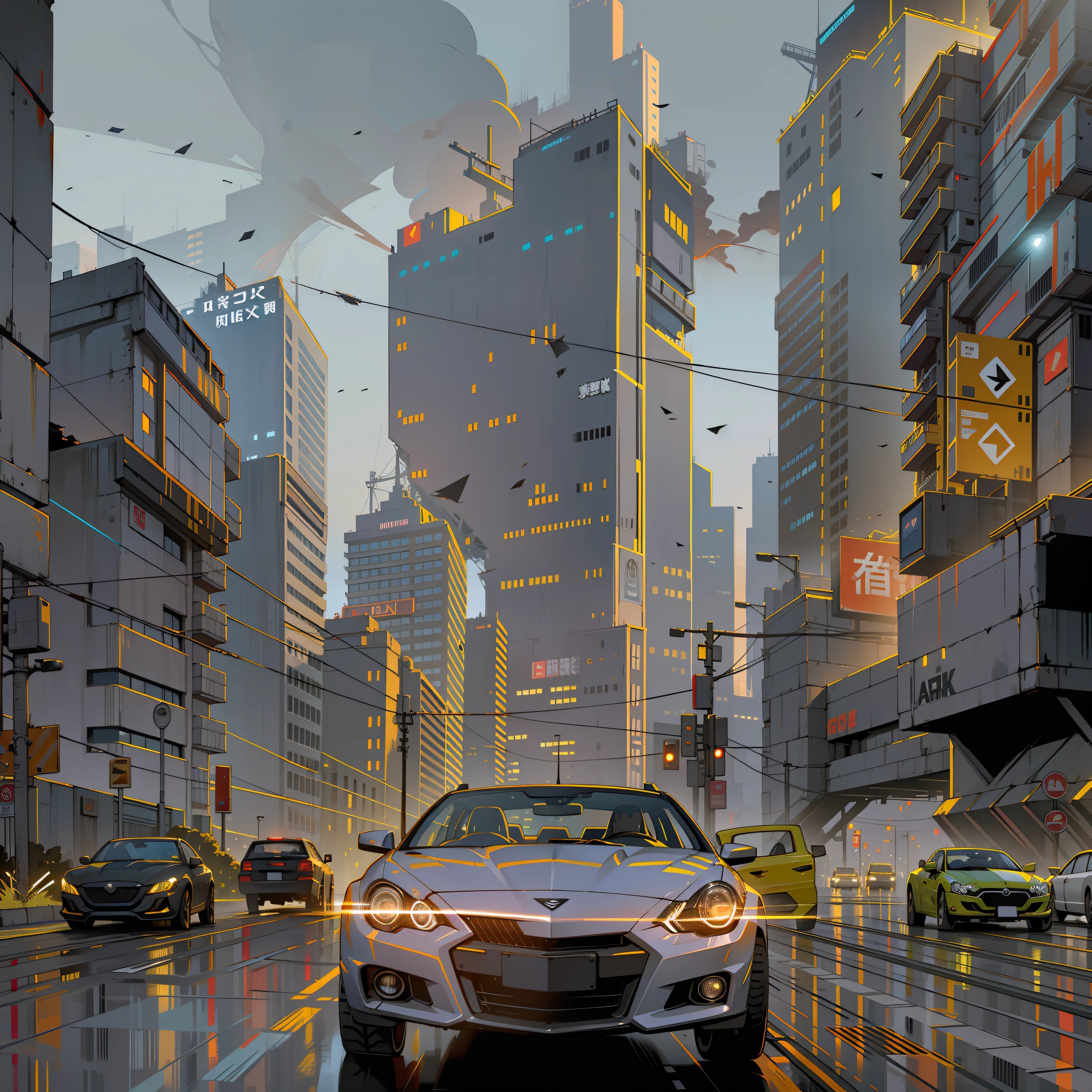 Behind the city background, cyberpunk style, night, strong contrast, no other debris around, car running at high speed on the highway, the environment is night, black sky, a car --auto --s2