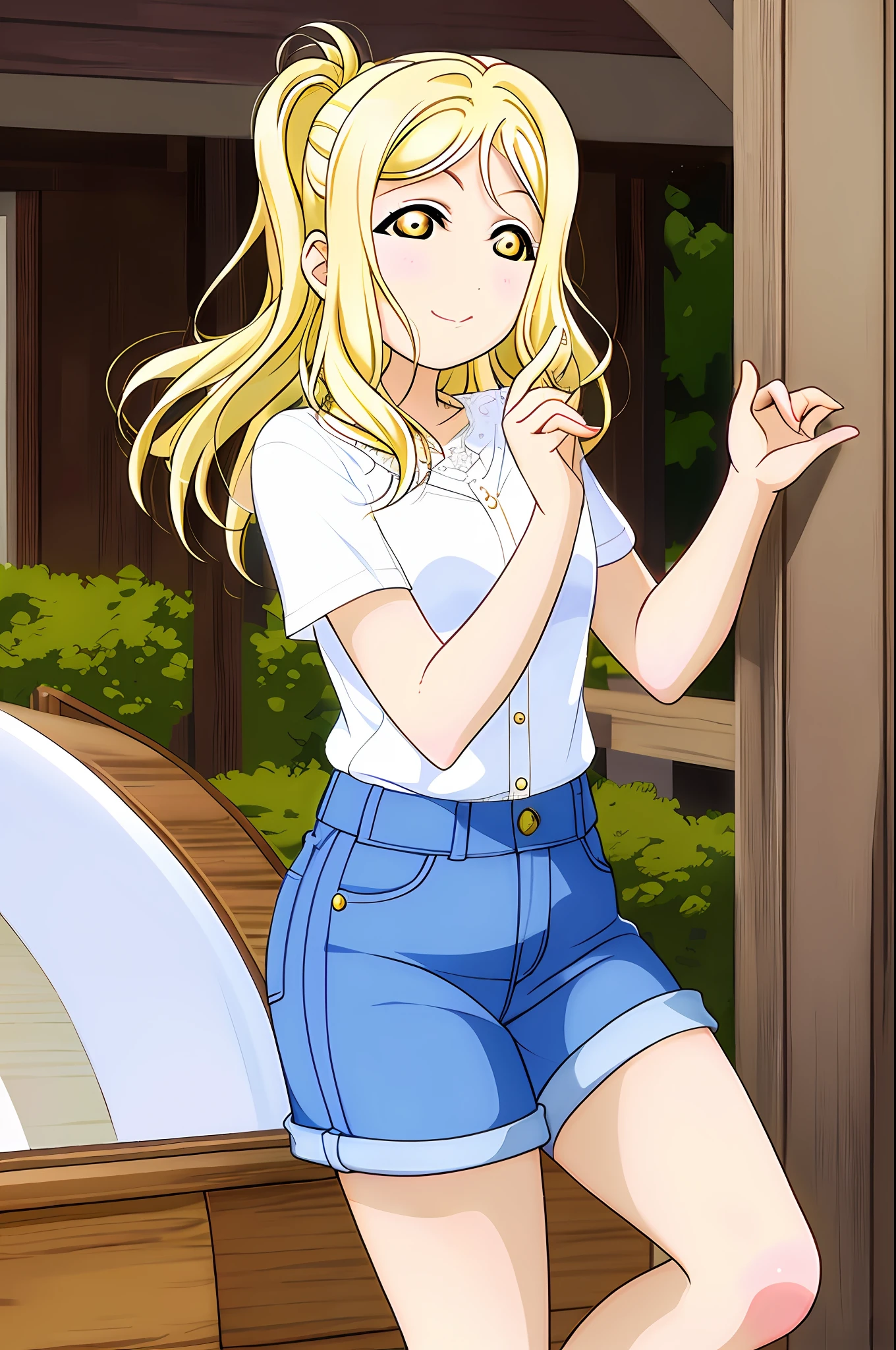 masterpiece, best quality, red long sleeved buttoned shirt, denim jeans, blonde hair, greenish yellow eyes, Ohara Mari from Love Live, flirting
