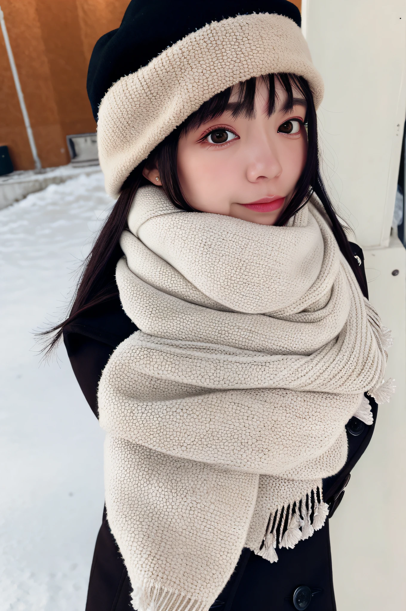 Masterpiece, best quality, 1girl, solo, brunette hair, scarf, hat, realistic, look at the audience, black eyes, long hair, coat, winter clothes, white scarf, lips, bangs, outdoors, shut up, upper body