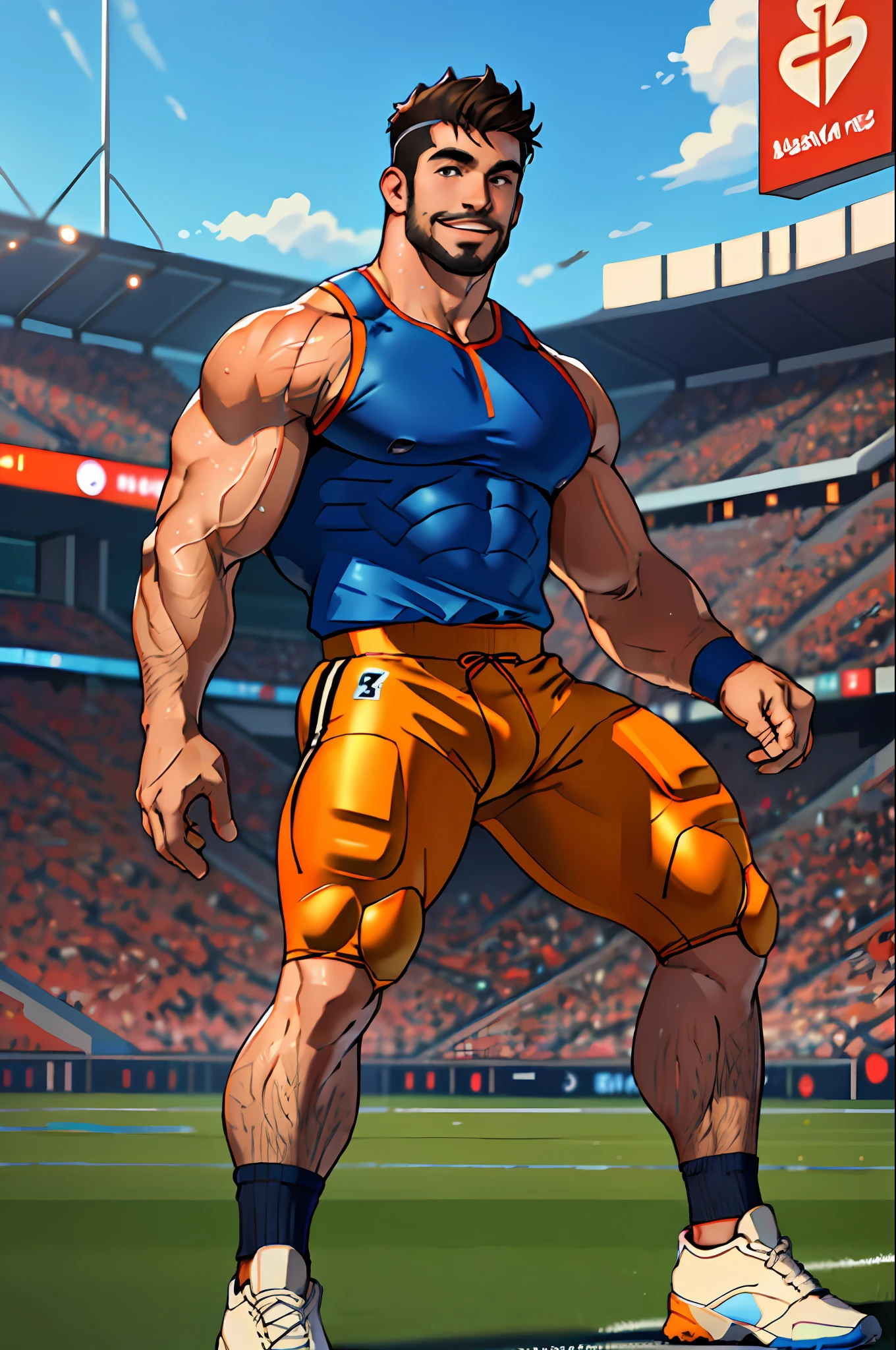 Best quality, masterpiece, ultra high res, detailed background, realistic, solo, male, mature, bara, muscular, short hair, facial hair, shirtless, tight outfit, school, full body, football player, Football Field, sports, thick thighs, light smile, sneakers, depth of field