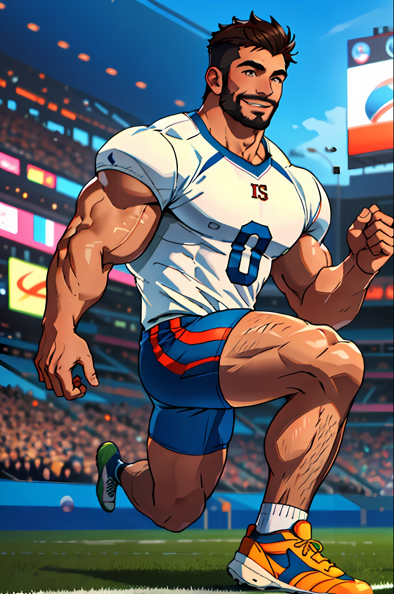 Best quality, masterpiece, ultra high res, detailed background, realistic, solo, male, mature, bara, muscular, short hair, facial hair, shirtless, tight outfit, school, full body, football player, Football Field, sports, thick thighs, light smile, sneakers, depth of field