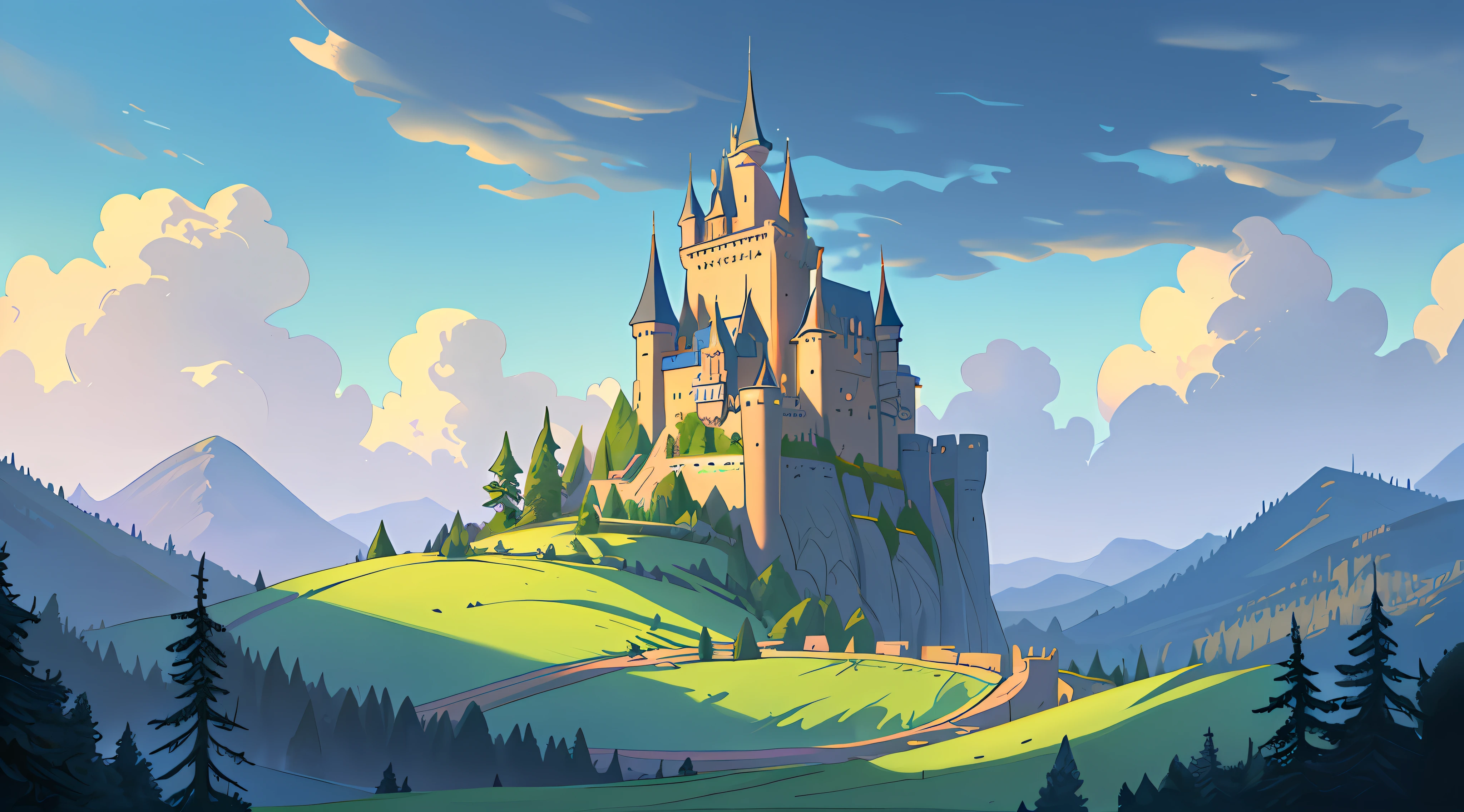 (Ultra detailed), (masterpiece), (best quality), (very detailed CG unit 8k wallpaper), (((extremely wide shot)))), fantasy, castle on the right, hills on the left, giant castle, high, several towers, lush, magnificent, Ghibli studios, cover for Youtube, vibrant colors, pastel, deformed clouds, rear view, a hill, soft light, conceptual art, dramatic, cinematic, highly detailed, stylized wallpaper,  (((view from bottom to top)) --v6