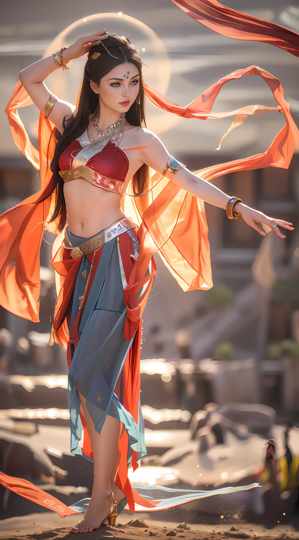 araffe woman in a red and blue outfit with a red scarf, she is dressed as a belly dancer, gracefully belly dancing pose, samira from league of legends, belly dancing, irelia from league of legends, ornate cosplay, zenra taliyah, cosplay photo, elegant cinematic pose, captured on canon eos r 6, irelia, tai costume