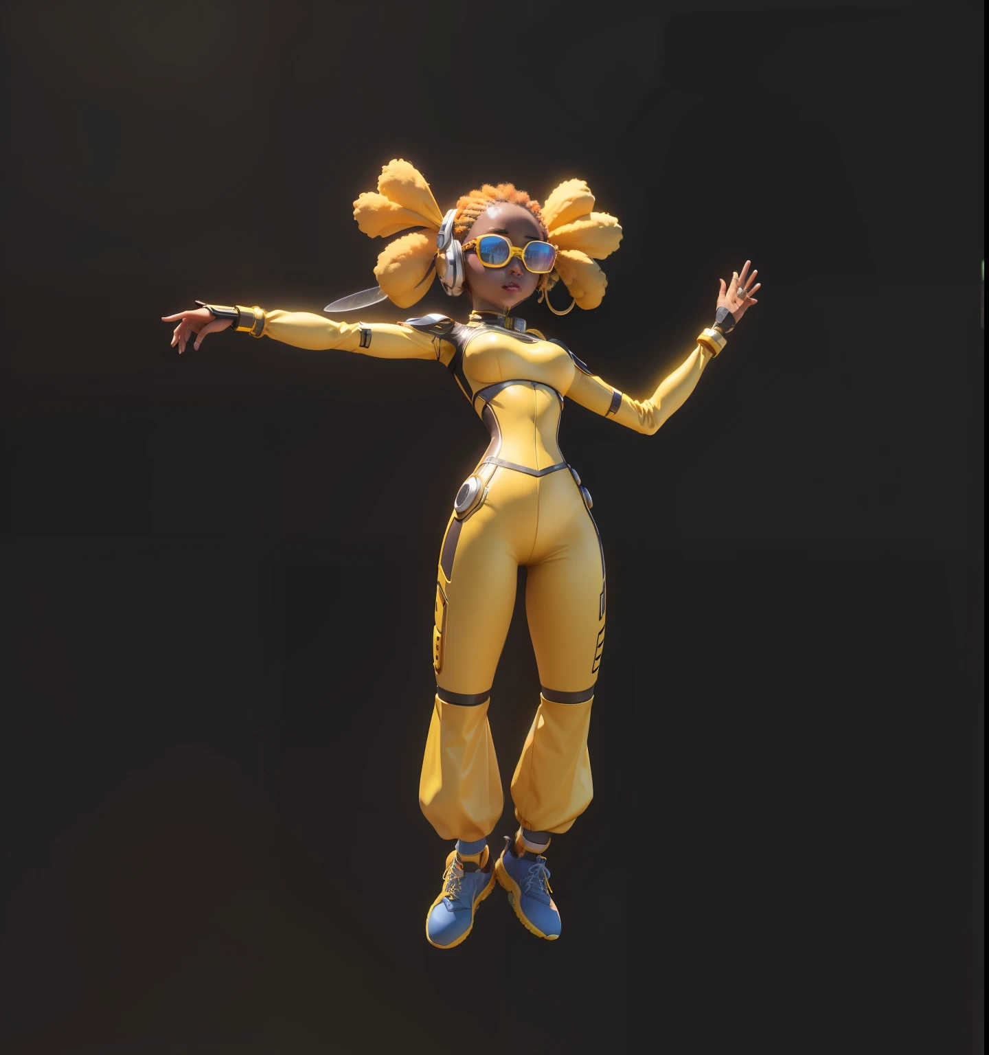 a close up of a person in a yellow outfit jumping in the air, 3 d render character art 8 k, 3 d character render, epic 3 d oshun, cyberpunk bee, afro futuristic, 3 d character, 3d character, african female android, jump pose, rendered in sfm, render of a cute 3d anime girl, anime robotic mixed with organic