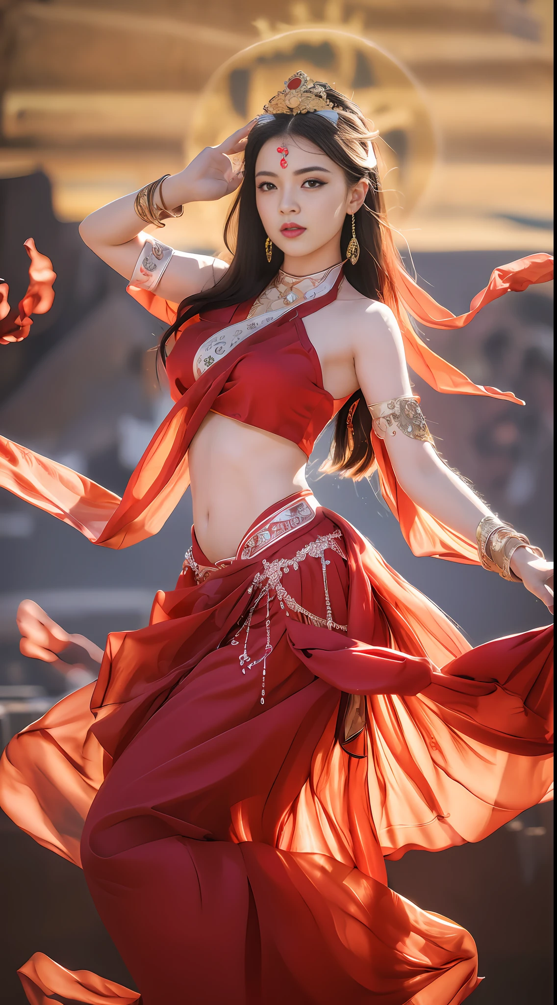 Masterpiece, (best quality: 1.3), super high resolution, original photos, detailed skins, beautiful lighting, (realistic, realistic: 1.4), 1girl, Dunhuang, sunset, hand details, full body, dunhuang, flying sky, dance moves, perfect hands