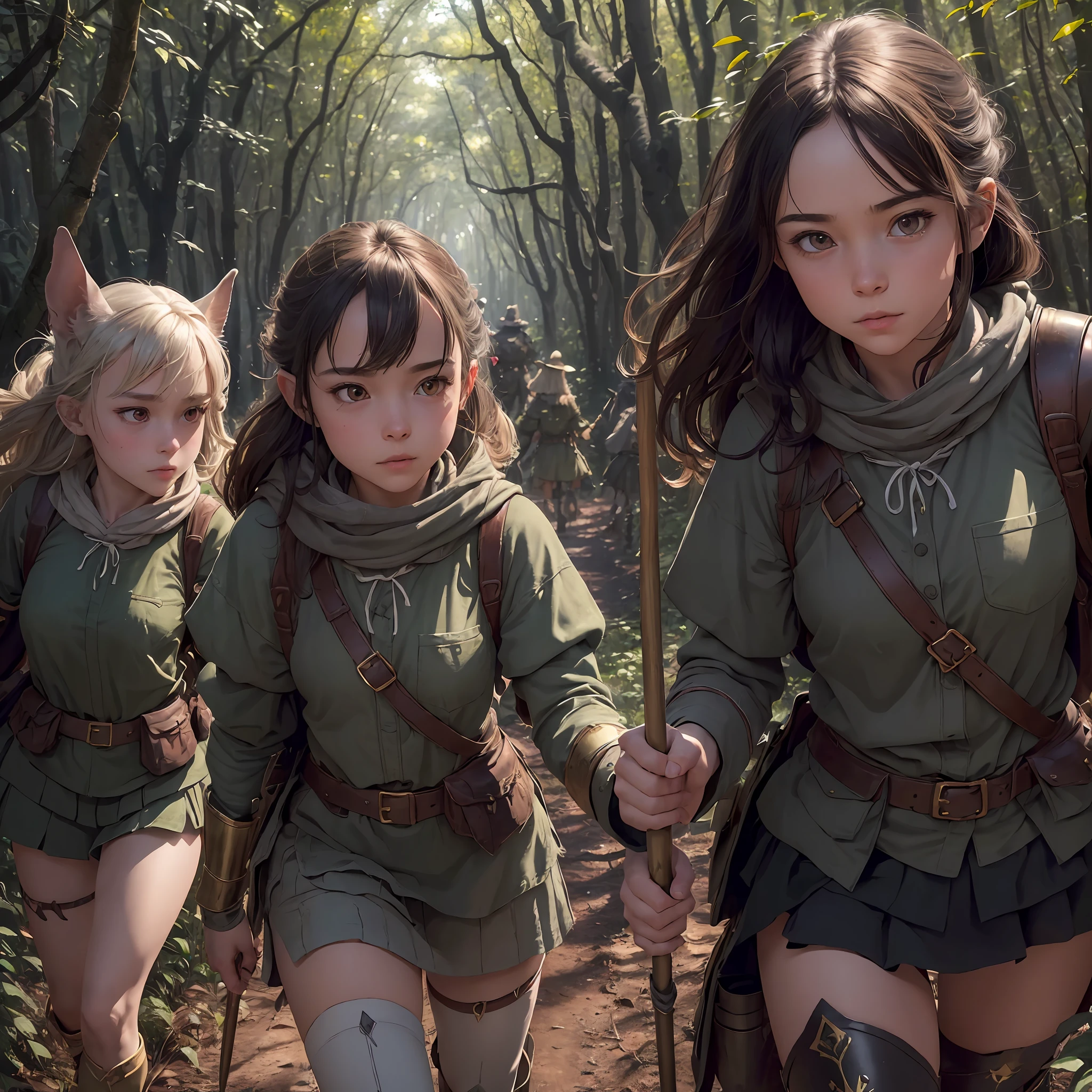 ((masterpiece)), ((best quality)), (ultra-detailed), ((extremely detailed)), 4K, (8K), best quality, (beautiful), Goblin girls march in the woods on patrol. They have wooden spears and brass armor, and are followed by a friendly grey hound. The forest is brightly lit, and the dirt road stretches off in the distance, illustration, detailed face