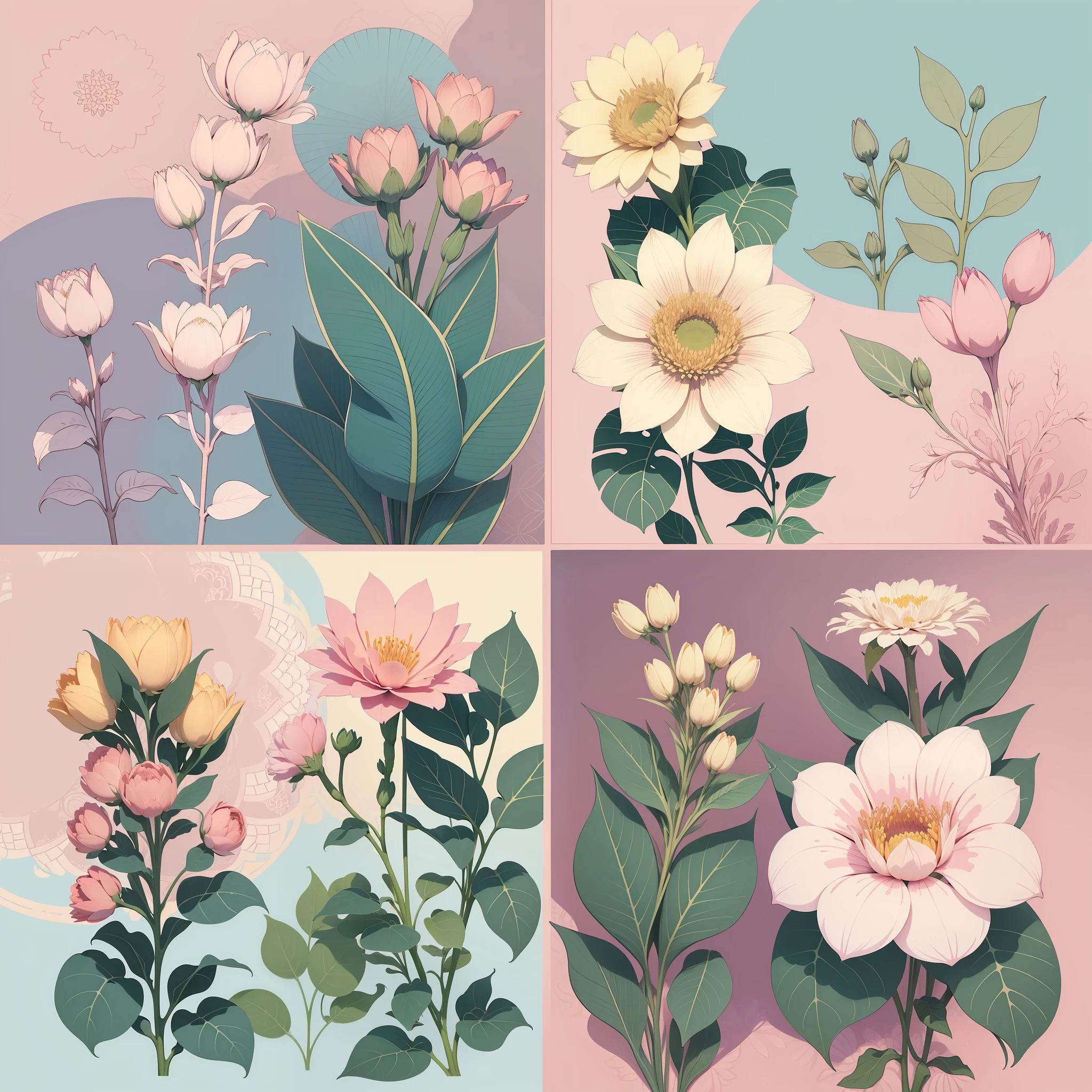 Set pattern of large flowers with plants, defined shape, flat style, vector style, drawing style, naïve style, wallpaper style, in soft pastel colors such as old pink, pastel blue, light blue, beige, pastel violet, pastel yellow and white. No shadows in the images.