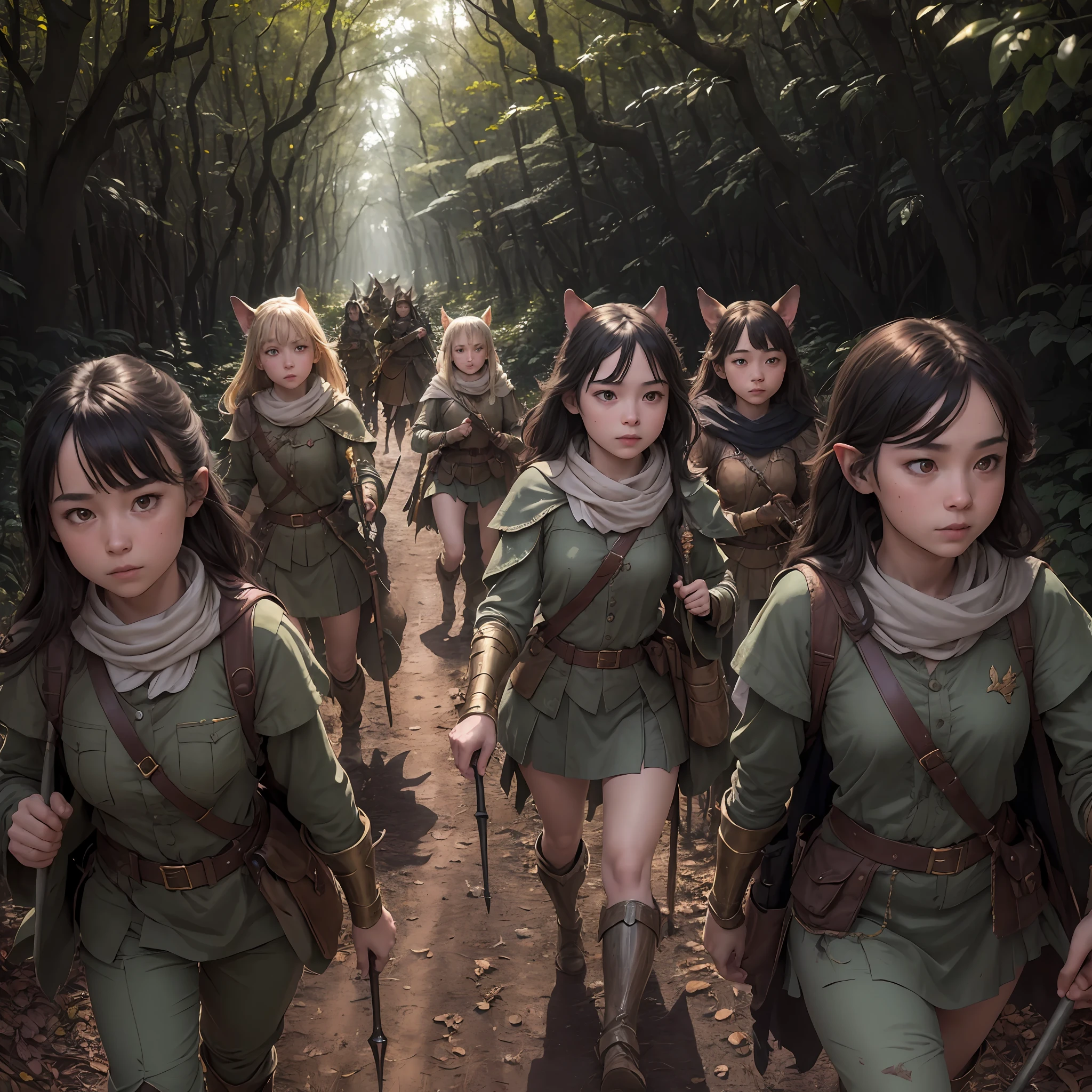 ((masterpiece)), ((best quality)), (ultra-detailed), ((extremely detailed)), 4K, (8K), best quality, (beautiful), Goblin girls march in the woods on patrol. They have wooden spears and brass armor, and are followed by a friendly grey hound. The forest is brightly lit, and the dirt road stretches off in the distance, illustration, detailed face