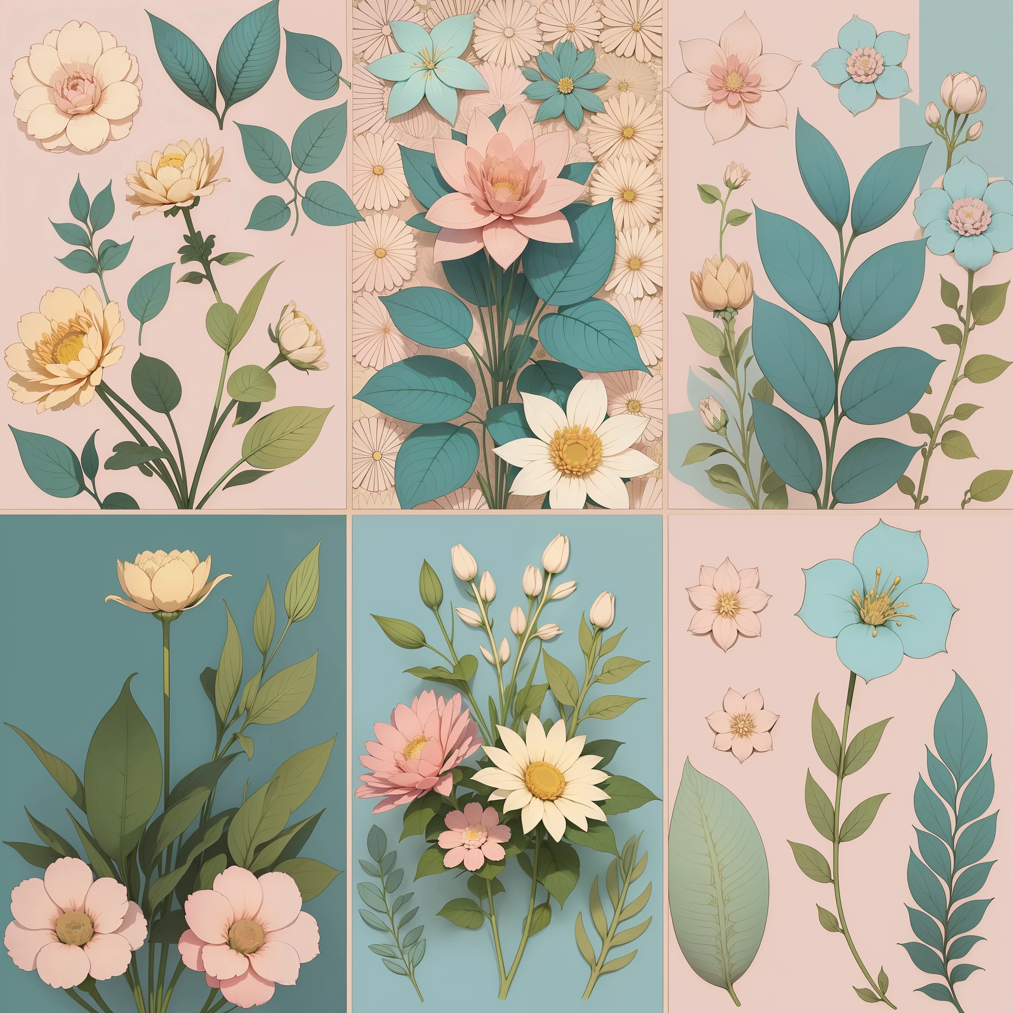 Set pattern of large flowers with plants, defined shape, flat style, vector style, drawing style, naïve style, wallpaper style, in soft pastel colors such as old pink, pastel blue, light blue, beige, pastel violet, pastel yellow and white. No shadows in the images.