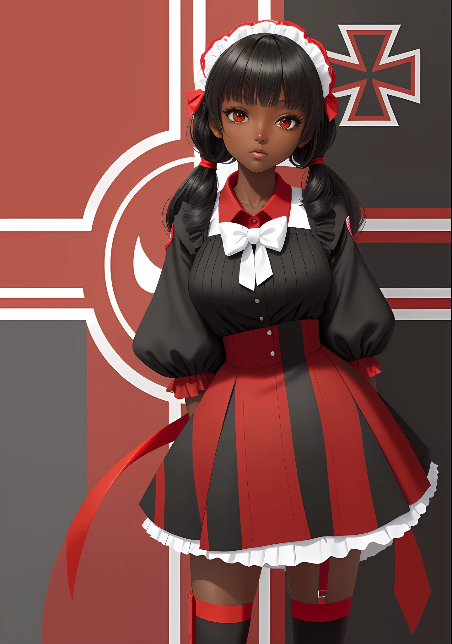 anime girl in a red and black outfit with a red and white background, red white and black, red black and white, red and black and white, black anime manga girl, anime maid ss military, red and black, in red and black, red white and black colors, li, black and white and red, red and black costume!!!, ( ( extreme detail ) ), ( ( dark-skinned_female ) ), ( ( very dark skin ) ), younger woman, cowboy shot, sky blue eyes, black hair, twintails