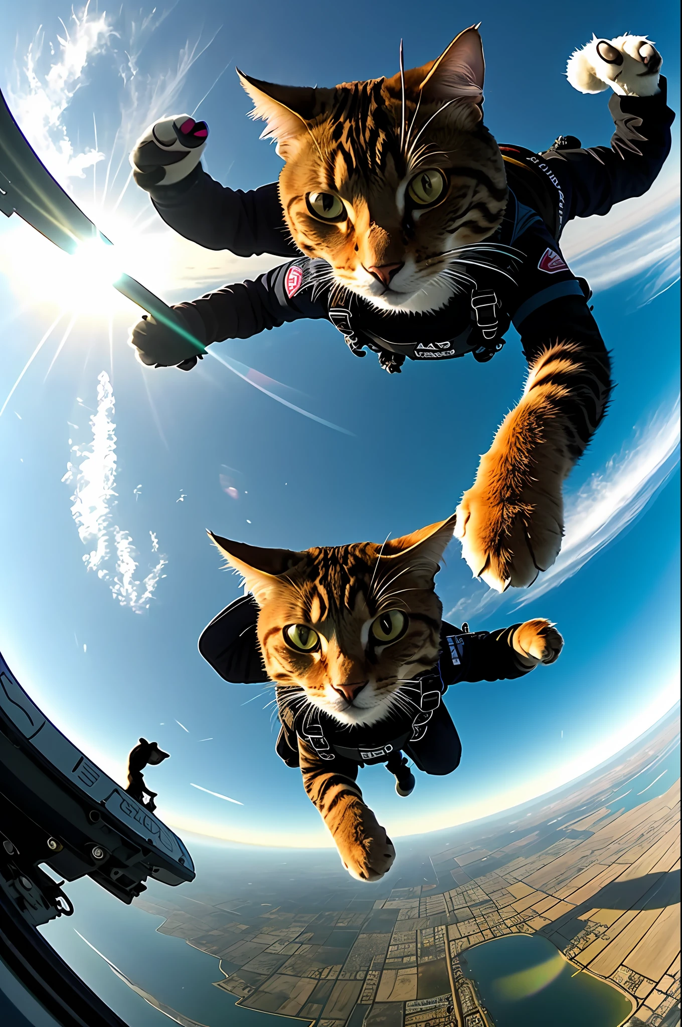 gopro footage of a group of badass cat skydiving, look at a camera, soft volumetric lights,