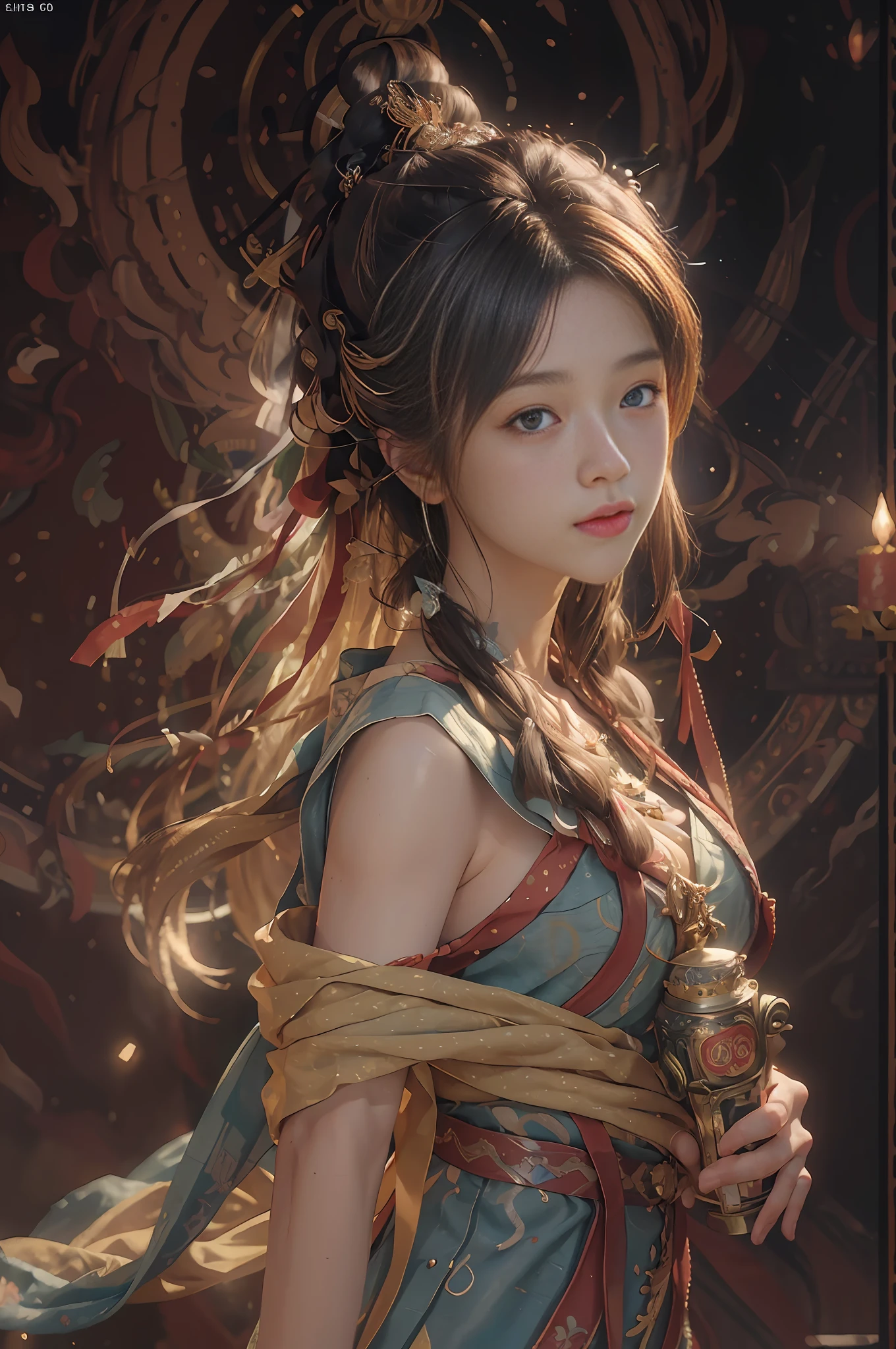 (RAW photo, best quality), (realistic, photo-realistic:1.3),best quality,highly detailed,masterpiece,ultra-detailed,illustration,1girl,upper_body,dynamic angle,world masterpiece theater,messy_long_hair,best quality,extremely detailed CG unity 8k wallpaper,ink,Amazing,cinematic lighting,lens_flare, dunhuang_style
