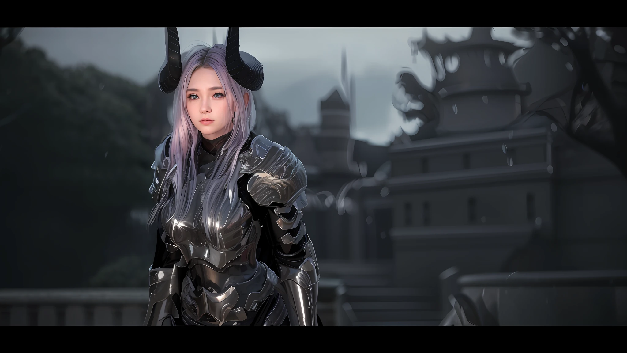 , ulzzang-6500-v1.1, InquisitorClaire, InquisitorClaire\(full armor\), 8k, (masterpiece), (best quality), ultra high resolution, extreme_detail, (photorealistic: 1.4), realistic, 1 girl, solo, lips, braid, shiny white hair, earrings, jewelry, blue eyes, armor, shoulder armor, large shoulder armor, body armor, black cloak, facing the viewer, upper body, ((night)), ((castle background)), depth of field,
