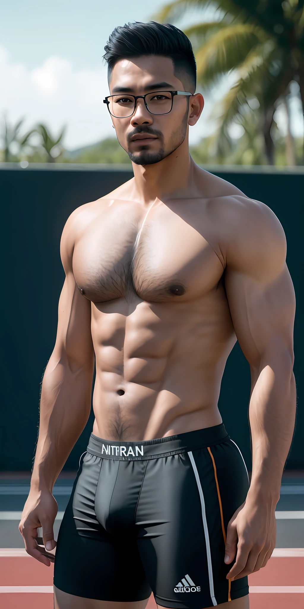 beautiful adult Indonesian college guy, hairy chest, pubic hair, wearing clear glasses, facial hair, military crew cut, in tight outfit, outside on track field, ((slim, muscular)), photorealistic, photo, masterpiece, realistic, realism, photorealism, high contrast, photorealistic digital art trending on Artstation 8k HD high definition detailed realistic, detailed, skin texture, hyper detailed, realistic skin texture, armature, best quality, ultra high res, (photorealistic:1.4),, high resolution, detailed, raw photo, sharp re, by lee jeffries nikon d850 film stock photograph 4 kodak portra 400 camera f1.6 lens rich colors hyper realistic lifelike texture dramatic lighting unrealengine trending on artstation cinestill 800,