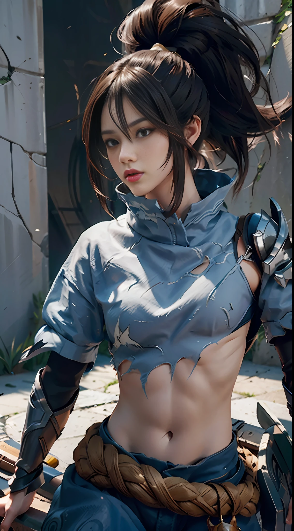 hands crossed against the wall, masterpiece, best quality, super high resolution, cloth texture, (realism: 2), very detailed, beautiful, small details, super detailed, best quality, digital illustration, detailed, complex, 4k, good anatomy, intricate details, masterpiece, (illustration: 1.1), high resolution, masterpiece, detailed shadows, amazing detail, (boy:girl:0.8), League of Legends, yasuo_ (league_of_legends), 1girl, solo, Brunette hair, ponytail, flowing hair, spiky hair, delicate eyes, navel