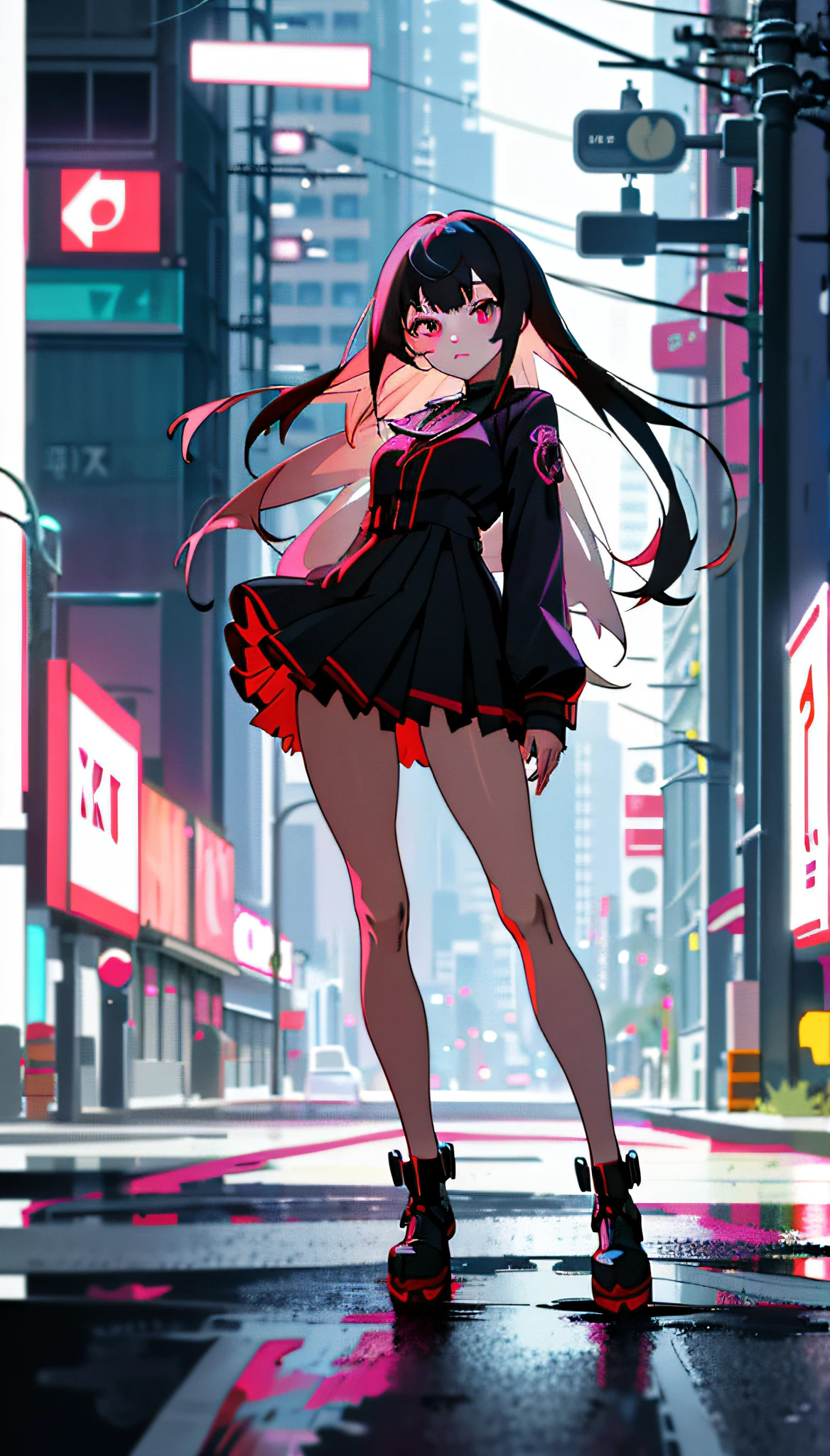 Anime girl standing on city street in short skirt and black erotic lingerie, long-haired Ilya Kuvshinov, Guvez style artwork, anime art wallpaper 8 K, Guvitz on art station Pisev, Guwiz on Pisif art station, cyberpunk anime art