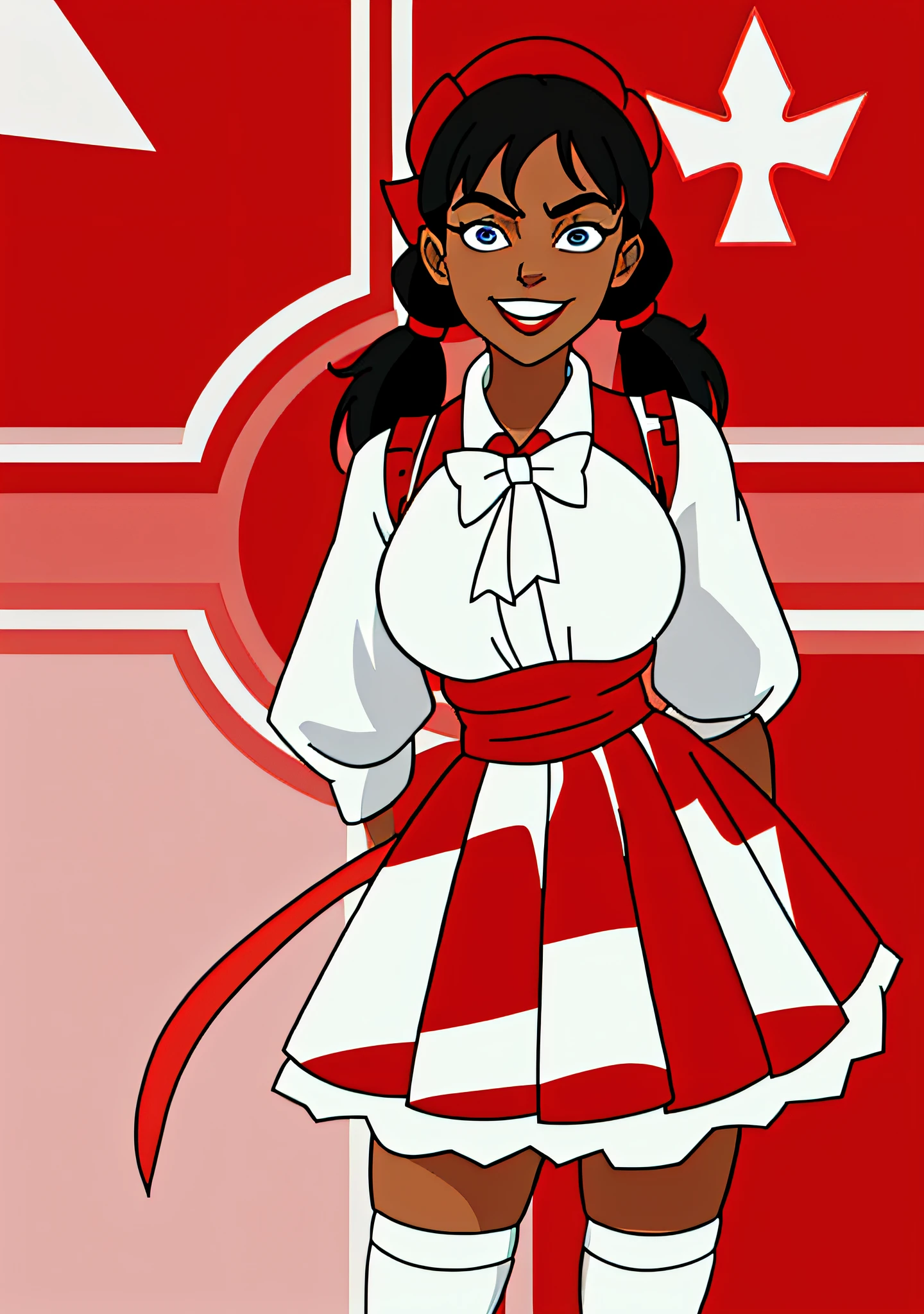 anime girl in a red and black outfit with a red and white background, red white and black, red black and white, red and black and white, black anime manga girl, anime maid ss military, red and black, in red and black, red white and black colors, li, black and white and red, red and black costume!!!, ( ( extreme detail ) ), ( ( dark-skinned_female ) ), ( ( very dark skin ) ), younger woman, cowboy shot, sky blue eyes, black hair, twintails, grin, smug