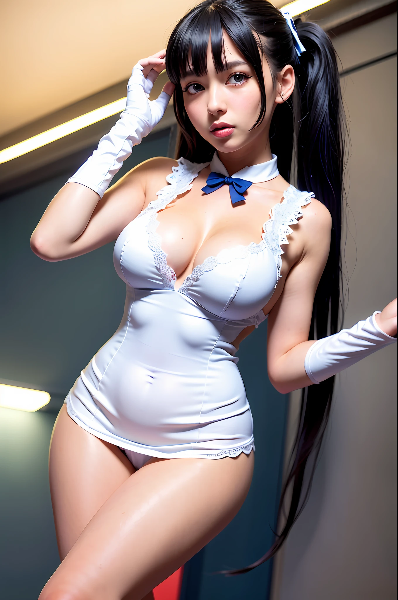 best quality, ultra high res, (photorealistic:1.4),((cute)),professional lighting, photon mapping, radiosity, physically-based rendering,masterpiece,  best quality, long eyelashes,eyeshadow, mascara, pink lips, looking at viewer, upper body, curvy, hestia (danmachi), 1girl, breasts, solo, long hair, ((blue ribbon)), ((twintails)), ((white gloves)), dress, rei no himo, large breasts, blue eyes, black hair, cleavage, ((white dress)), light smile, closed mouth, hair ribbon, bow, sleeveless, sleeveless dress, bangs, blush, cleavage cutout, hair ornament, bowtie, ((clothing cutout)), very long hair, covered navel, (((arm blue ribbon))), shiny skin, tight, taut dress, breast focus, upper body, (masterpiece:1.47746), (highly_detailed:1.05), (highres:1.05), ultra detailed, 100-layers, extremely detailed, intricate, absurdres, small details, ultra detailed, detailed eyes, ((breasts hold)),((lace trim)), (18 years old cute girl),(wedding dress),((breast blue ribbon))