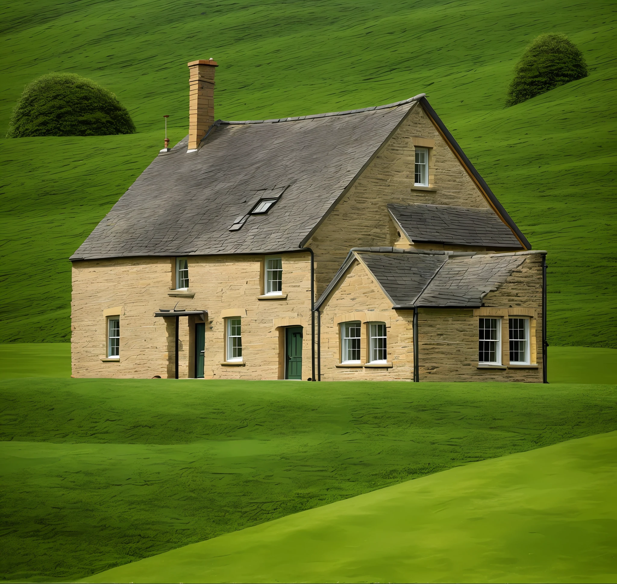 house with a chimney and a chimney on a green field